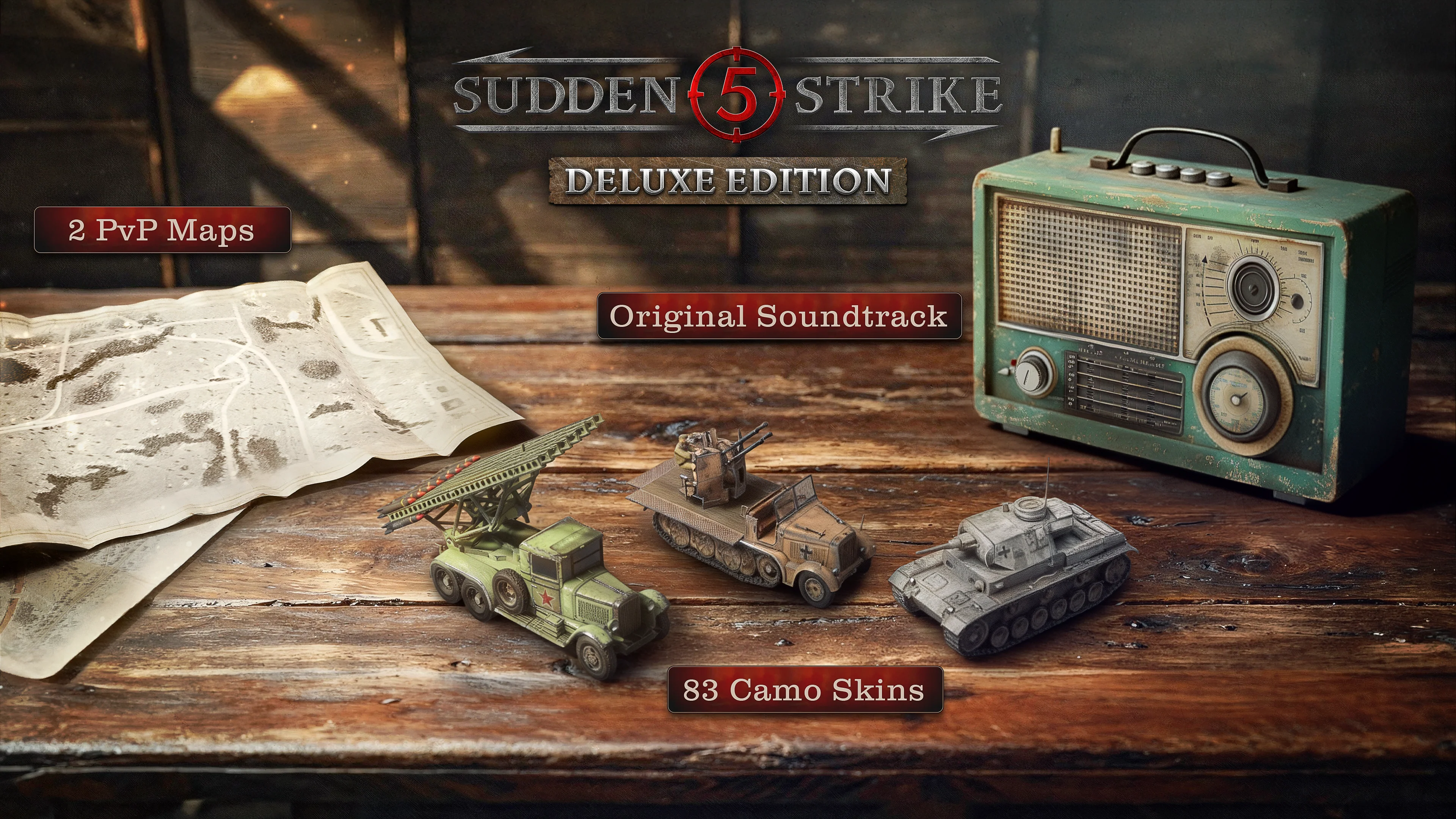 Spiel-Logo, Radio, Karte, Raketenwerfer und Panzer auf Holztisch.