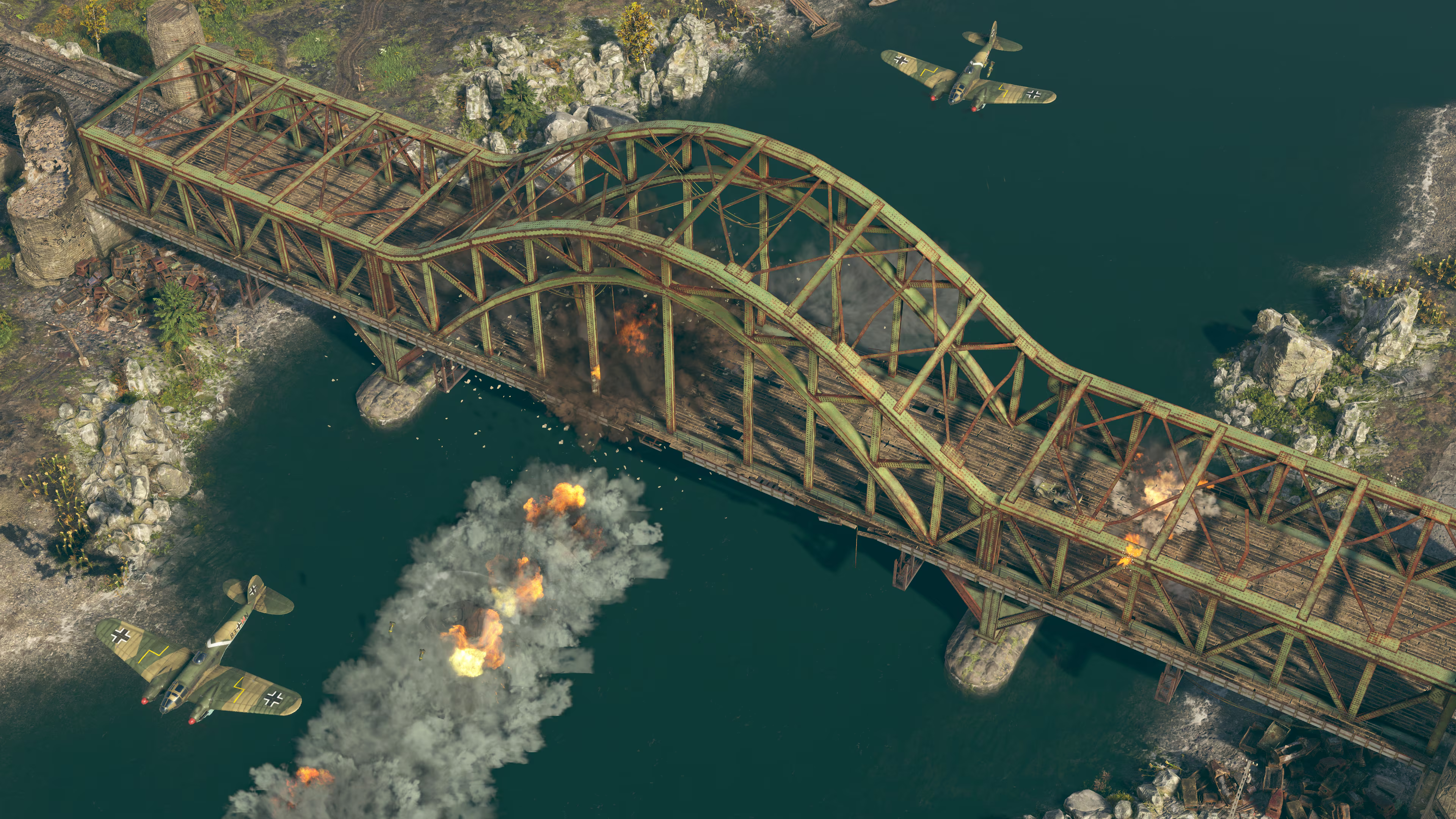 Flugzeuge greifen eine zerstörte Brücke mit Explosionen an.