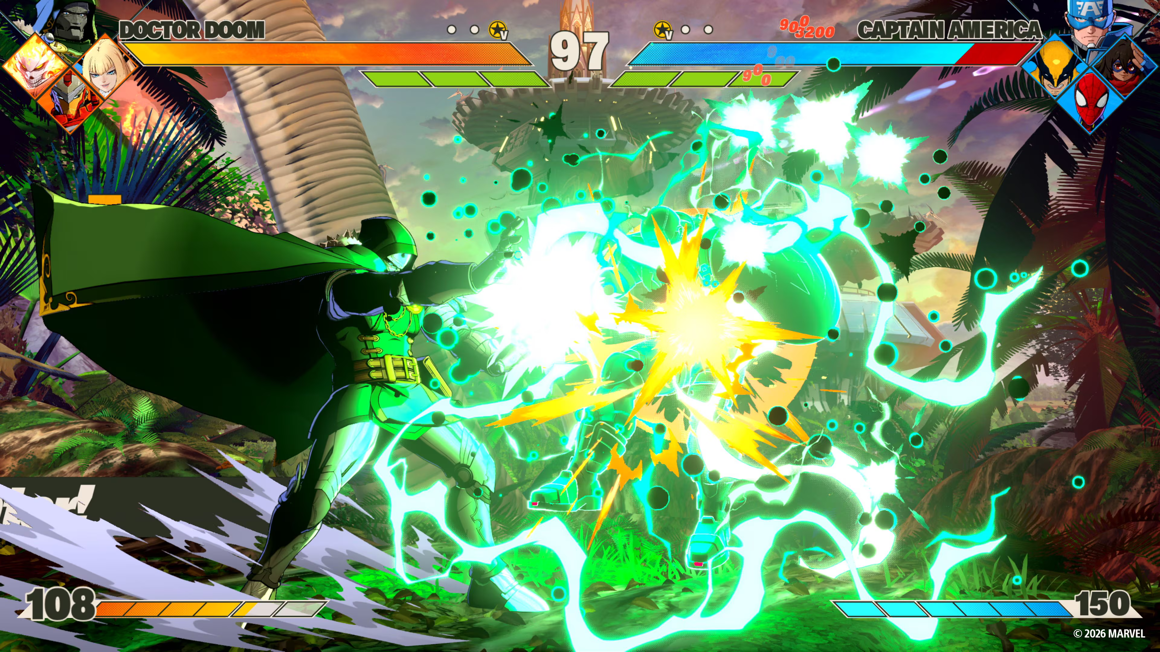 Doctor Doom kämpft mit grüner Energie gegen Captain America in einem tropischen Dschungel.
