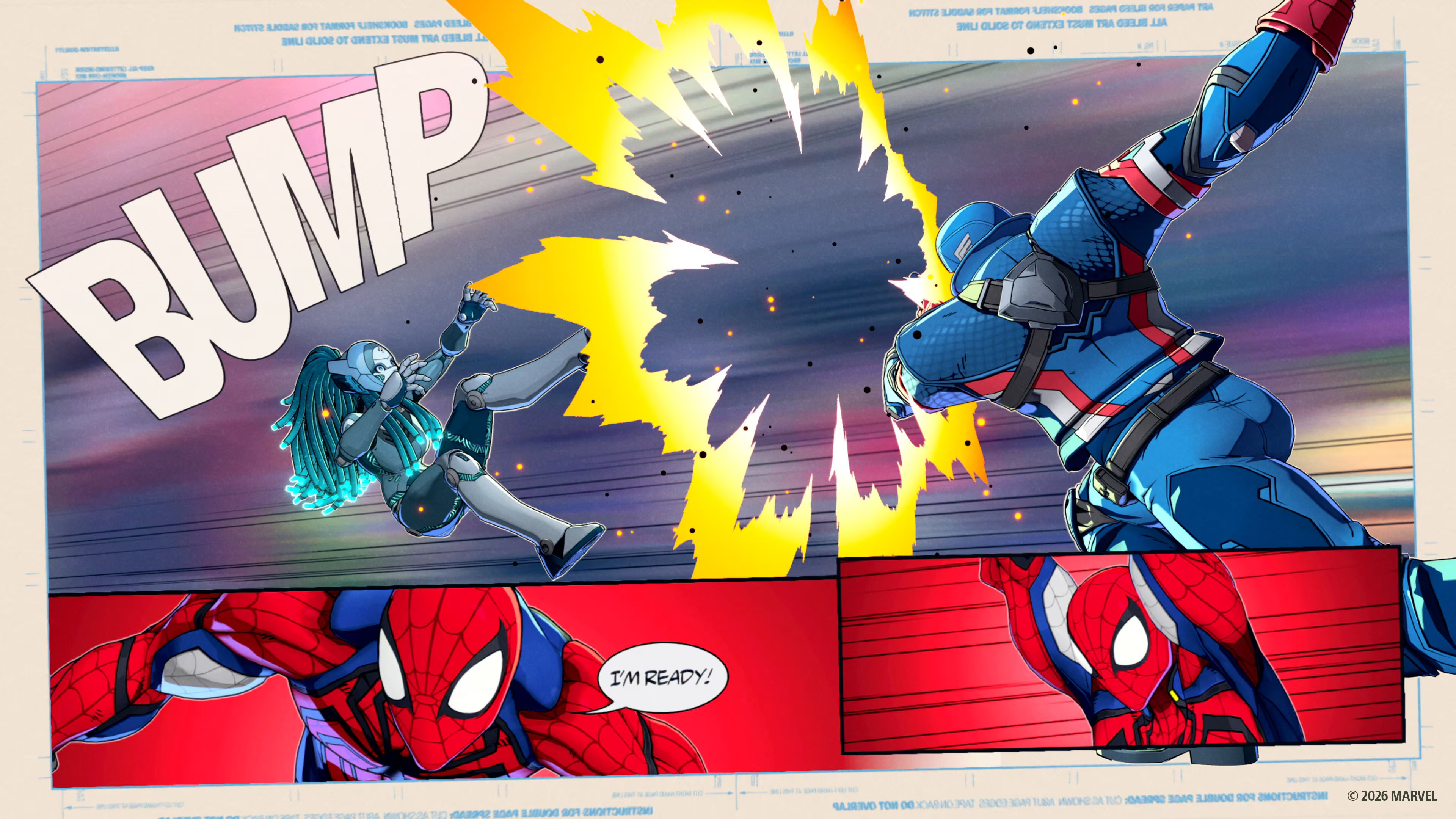 Ein Comicpanel zeigt einen Kampf zwischen Spider-Man und einer Roboterfigur.