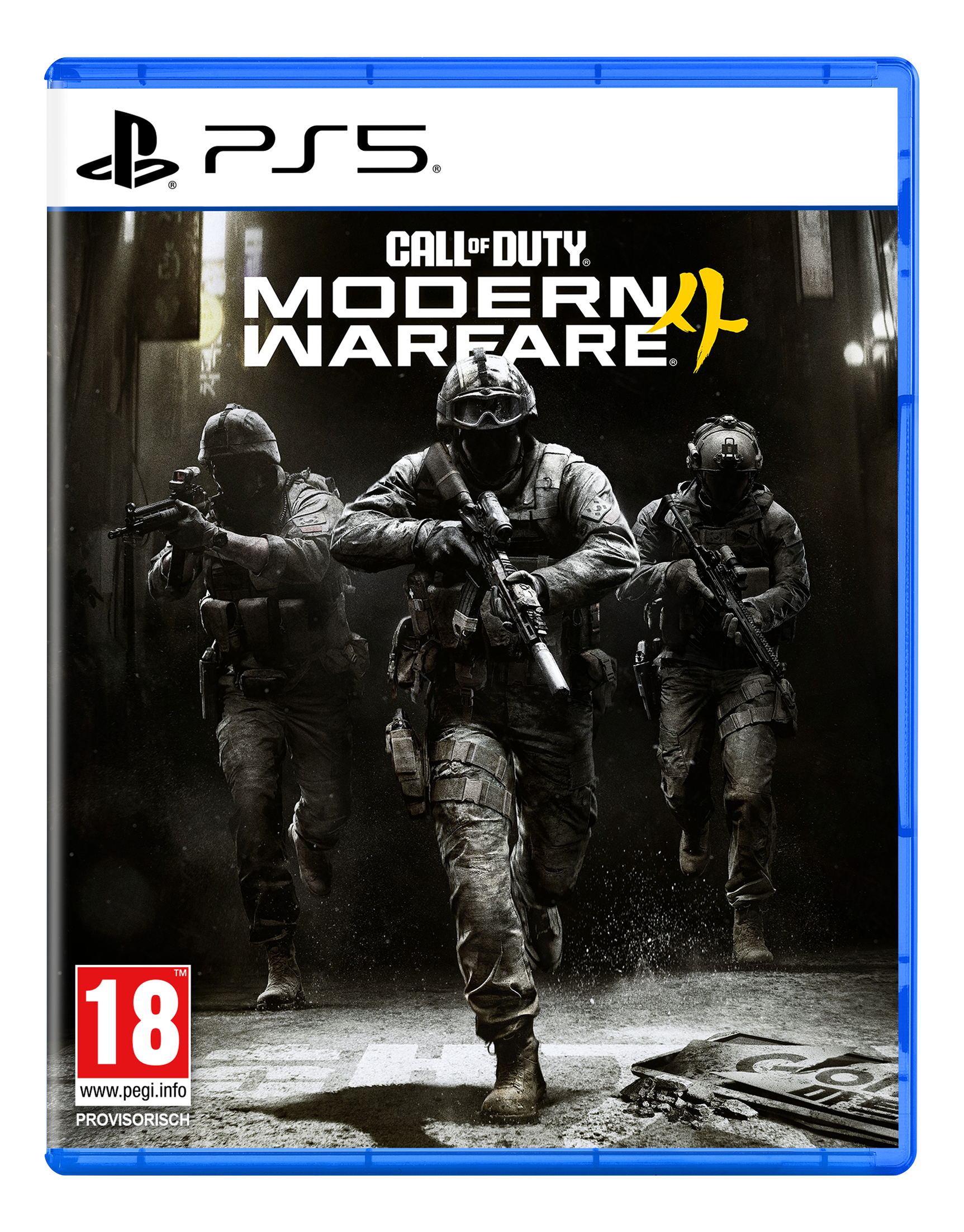 Boîtier de jeu PS5 pour Call of Duty: Modern Warfare II, montrant trois soldats en équipement complet.