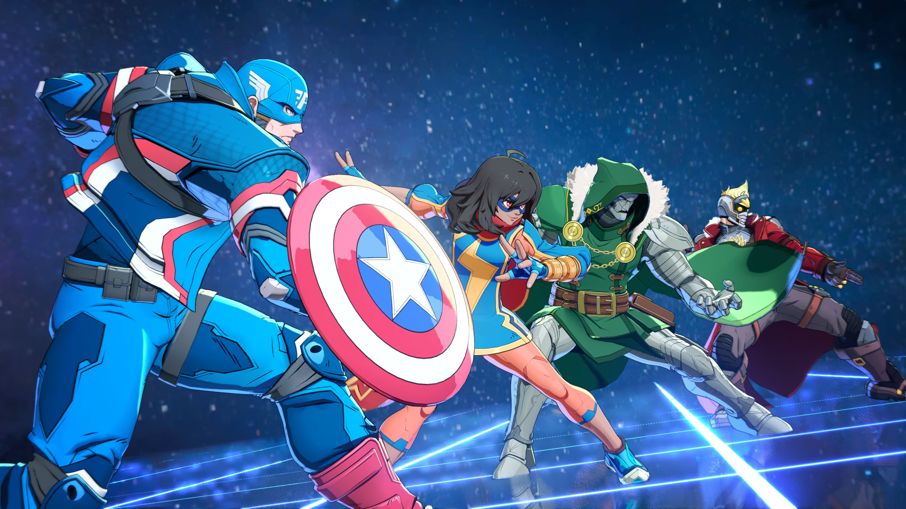 Captain America, Ms. Marvel, Doctor Doom und Star-Lord in einer Kampfszene.