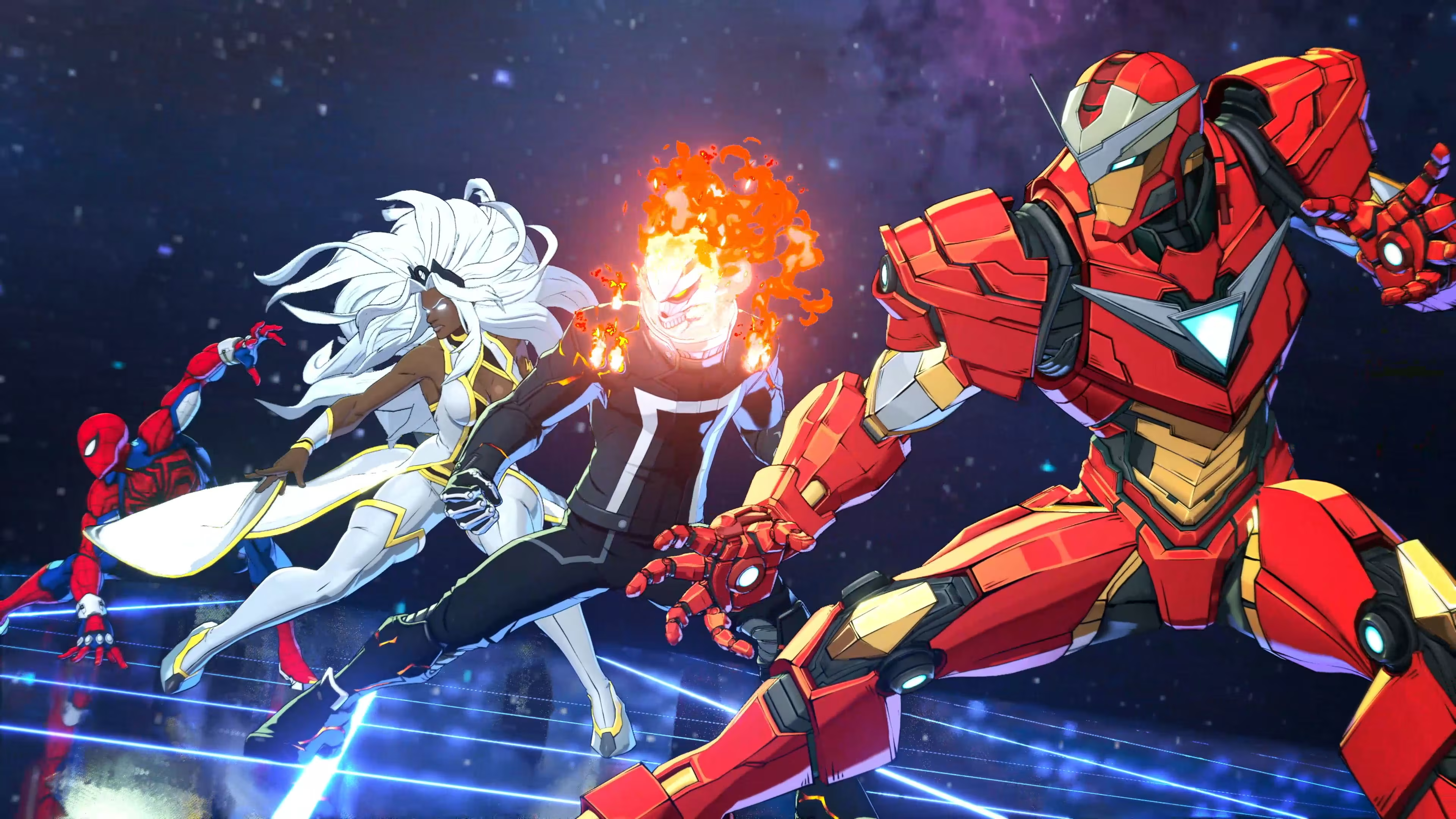 Marvel-Helden wie Iron Man, Ghost Rider, Storm und Spider-Man im Weltall.
