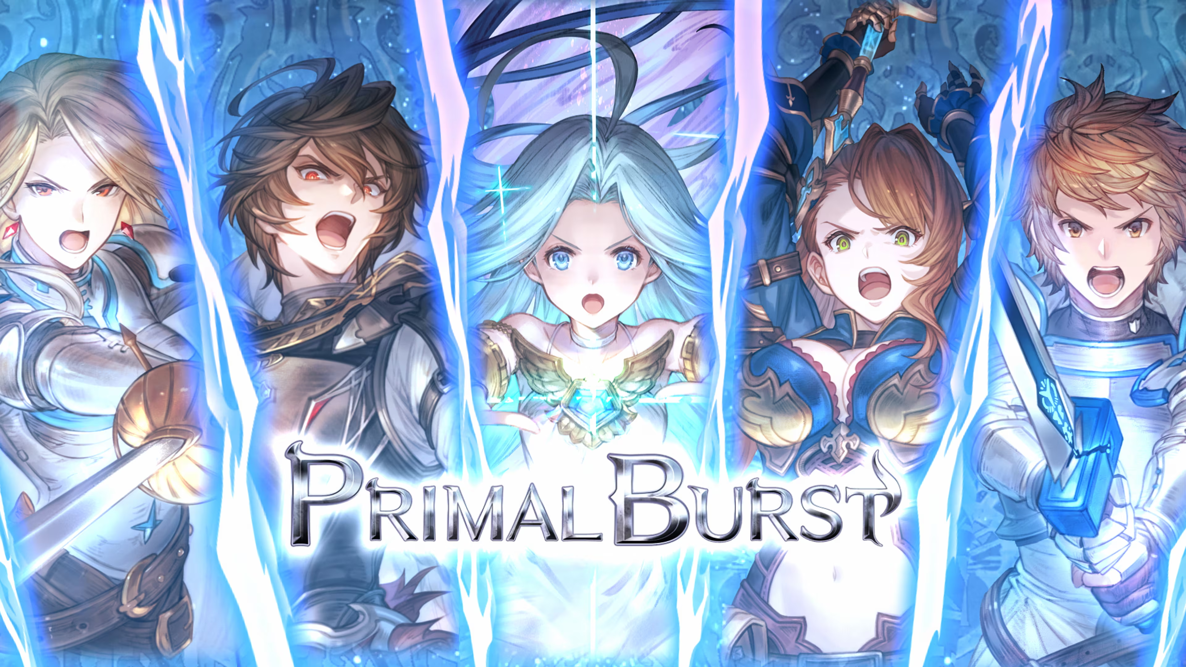 Fünf Anime-Charaktere mit Schwertern vor blauem Hintergrund mit dem Titel "Primal Burst".