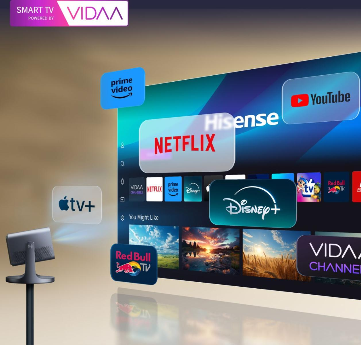 Telewizor Smart TV Hisense z systemem VIDAA OS wyświetla ikony aplikacji, takich jak Netflix, Prime Video, YouTube i Disney+.