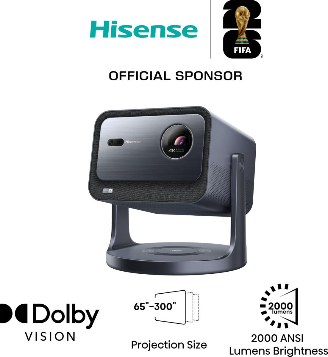 Projektor Hisense 4K o jasności 2000 lumenów, Dolby Vision, rozmiar projekcji 65-300 cali.