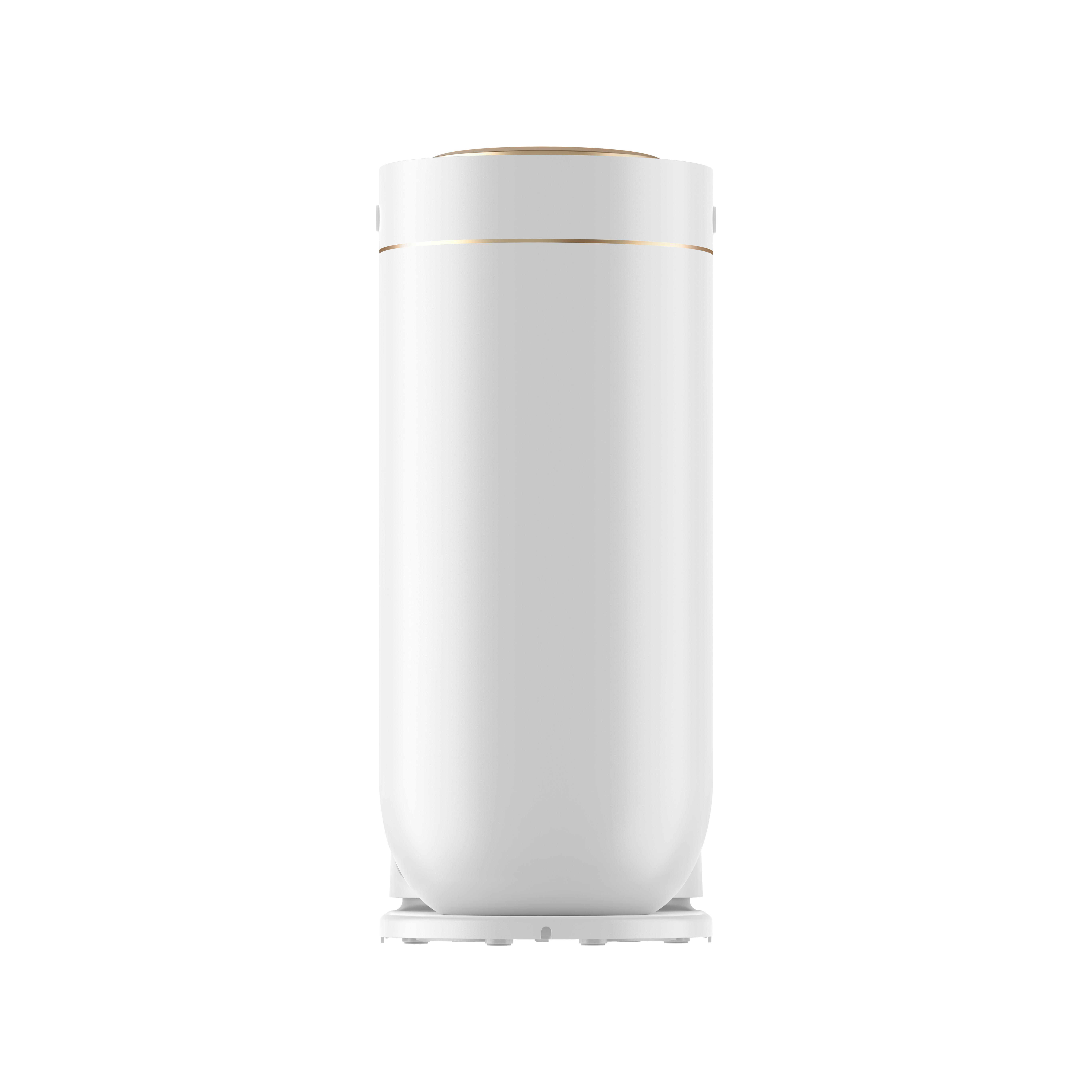 Weiße zylindrische Flasche mit goldenen Akzenten auf weißem Hintergrund.