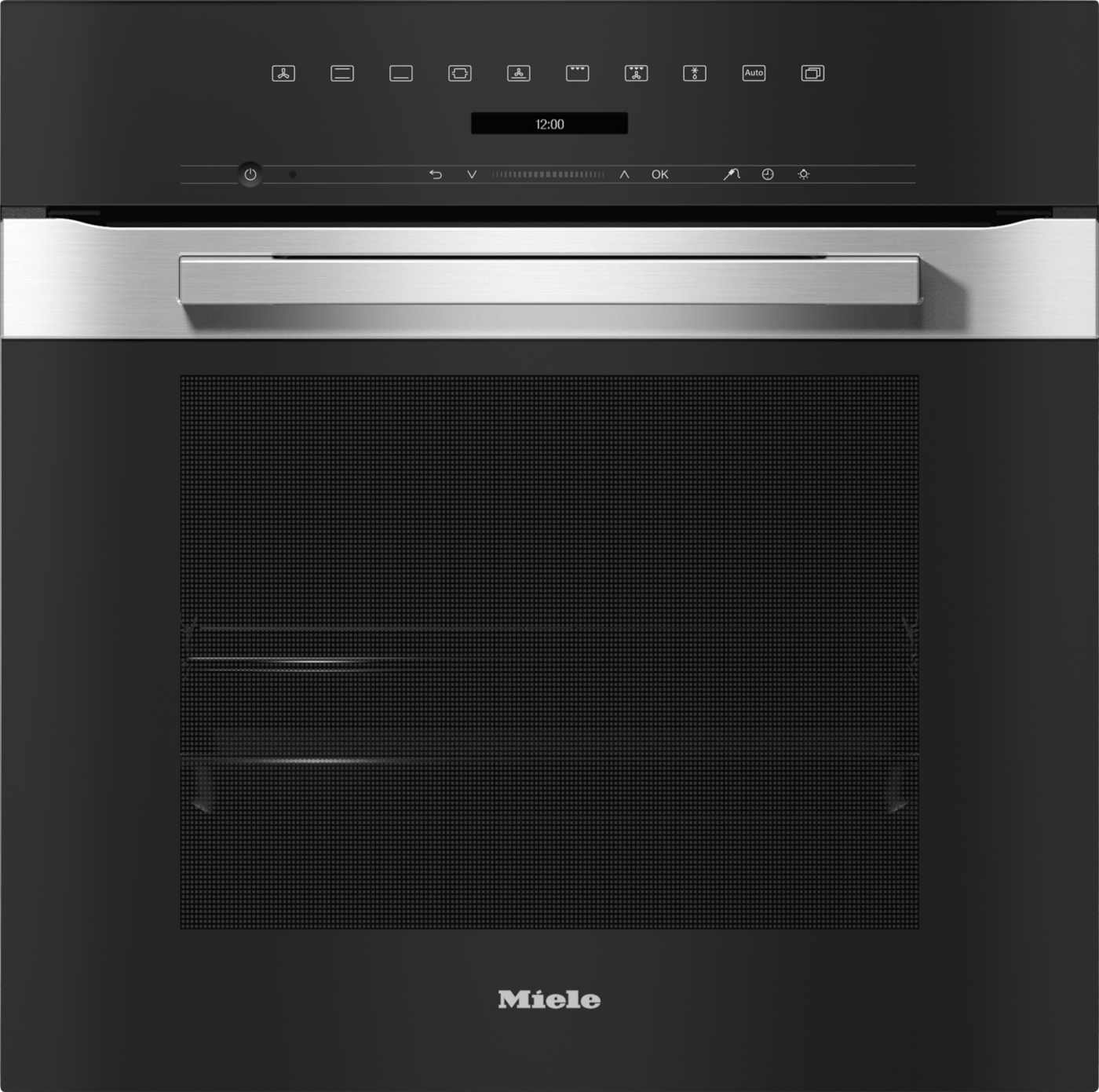 Ein moderner Miele-Ofen mit schwarzer Front, silbernem Griff und digitaler Anzeige.