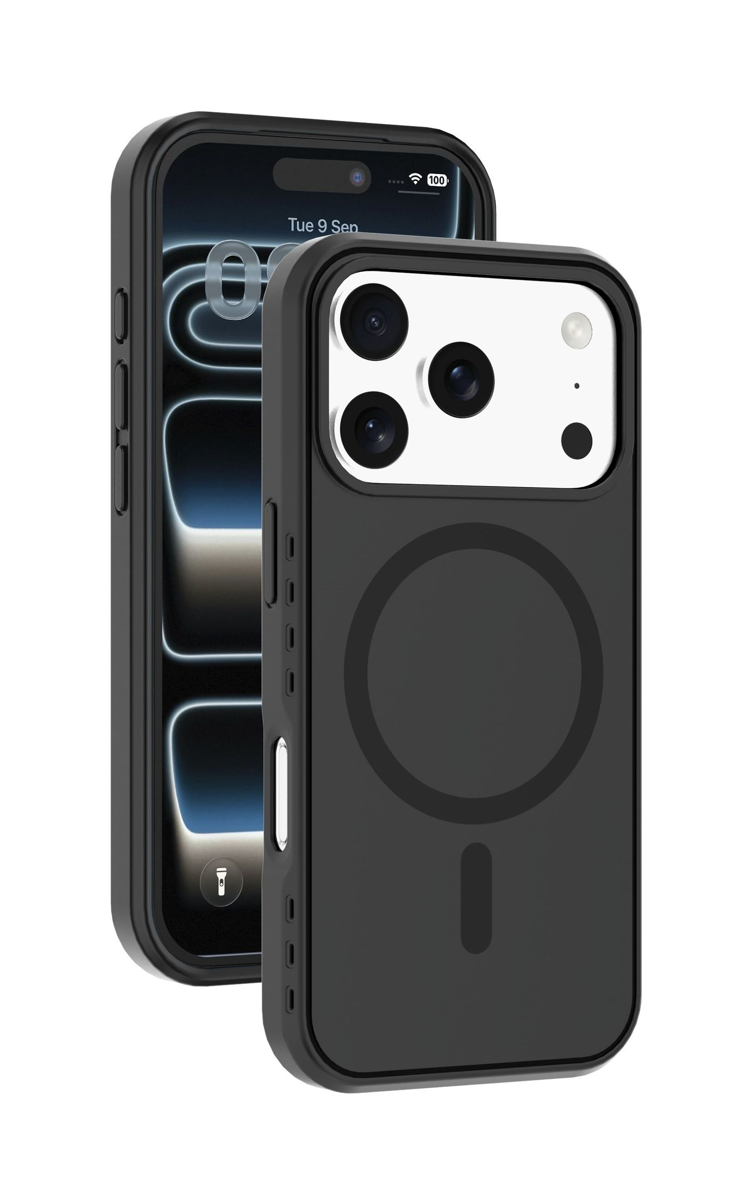 Schwarze Handyhülle mit Magnetring auf einem iPhone mit Sperrbildschirm.