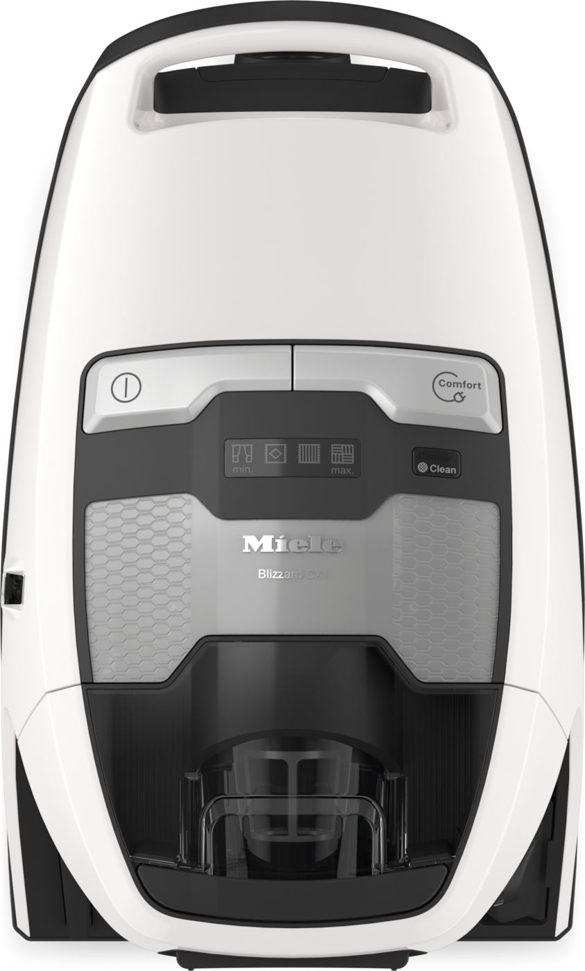 Ein weißer Miele Blizzard CX1 Staubsauger mit schwarzem Griff und Bedienelementen. Der Staubbehälter ist sichtbar.