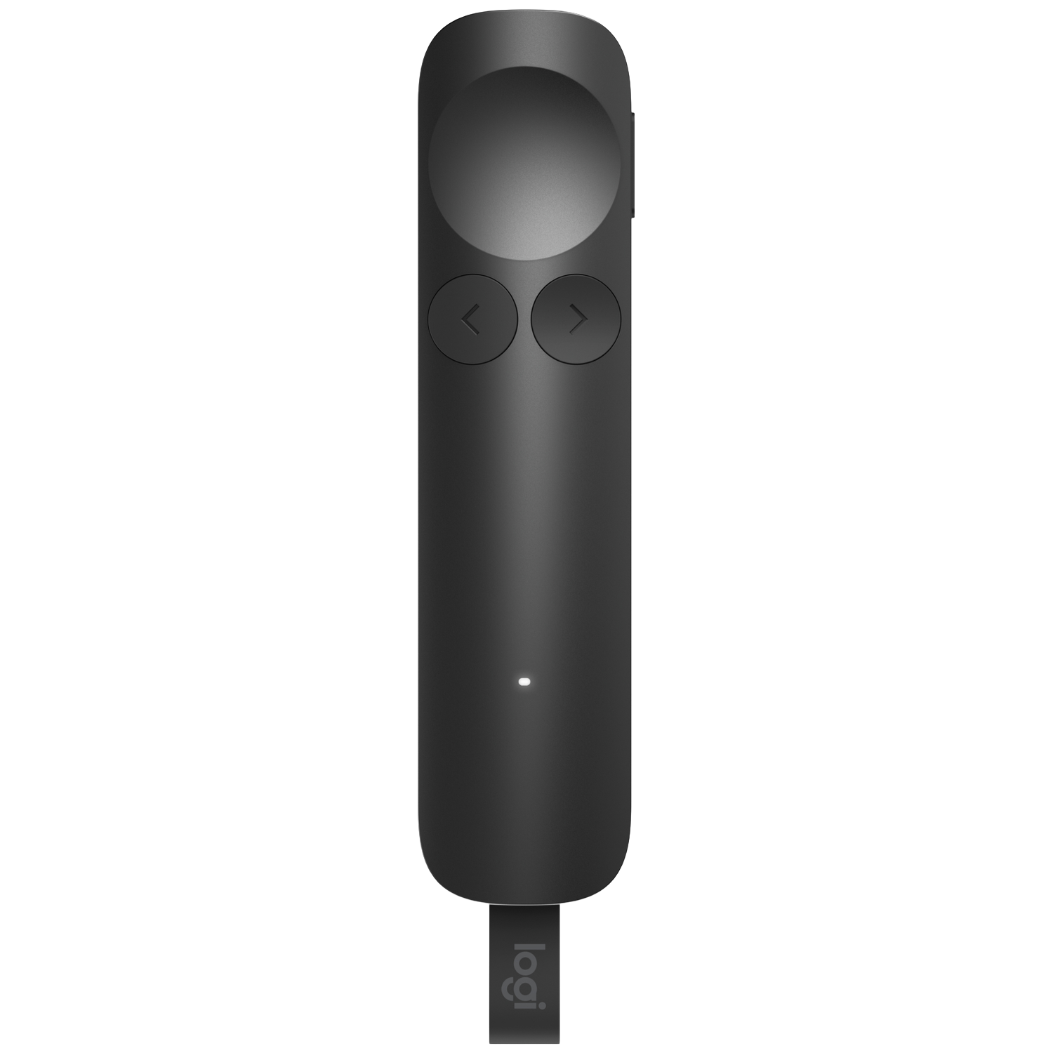 Een zwarte Logitech presenter met twee pijltjestoetsen en een grote cirkelvormige knop.