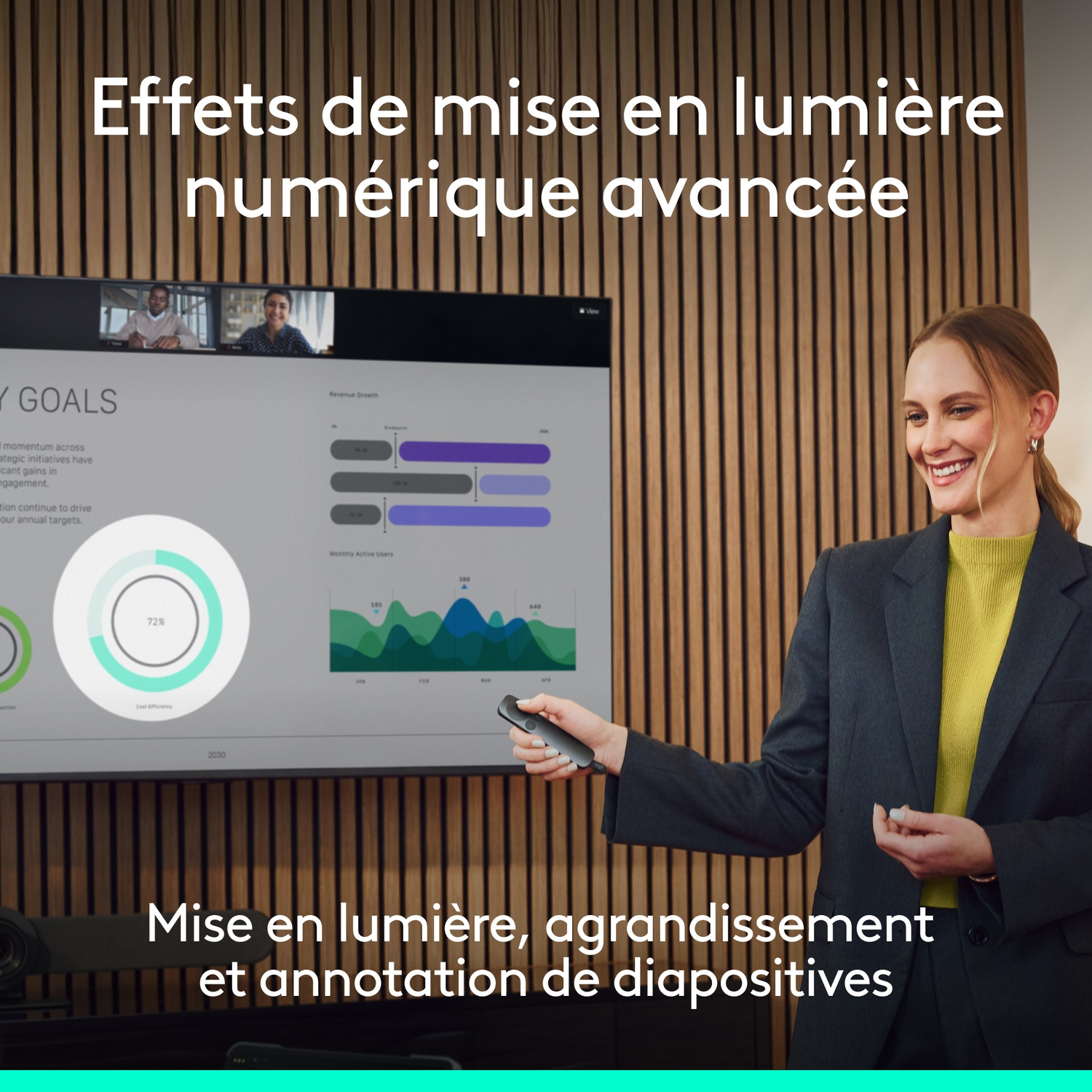 Femme présentant un écran numérique avec graphiques et tableaux, tenant une télécommande.