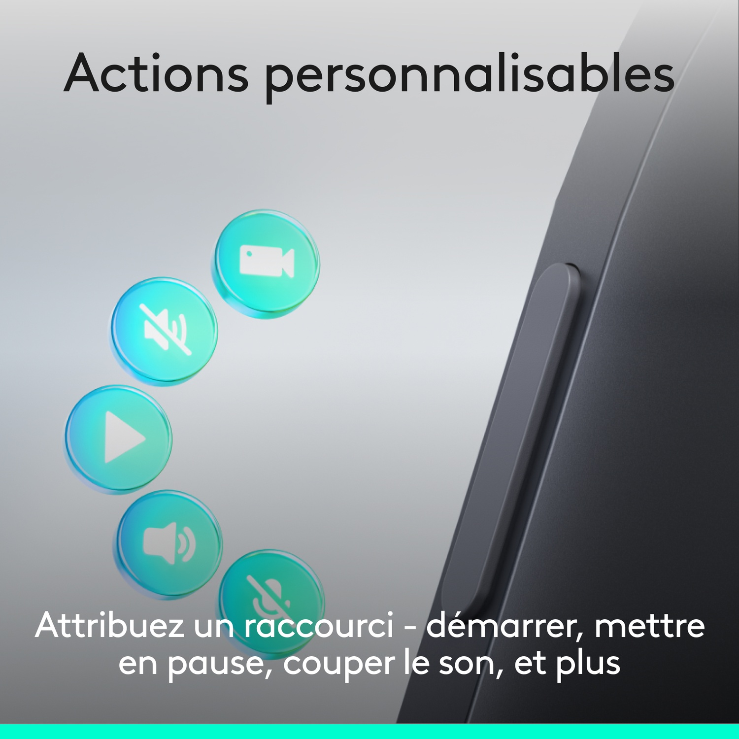 Icônes vidéo, muet, lecture, volume, micro coupé. Actions personnalisables.