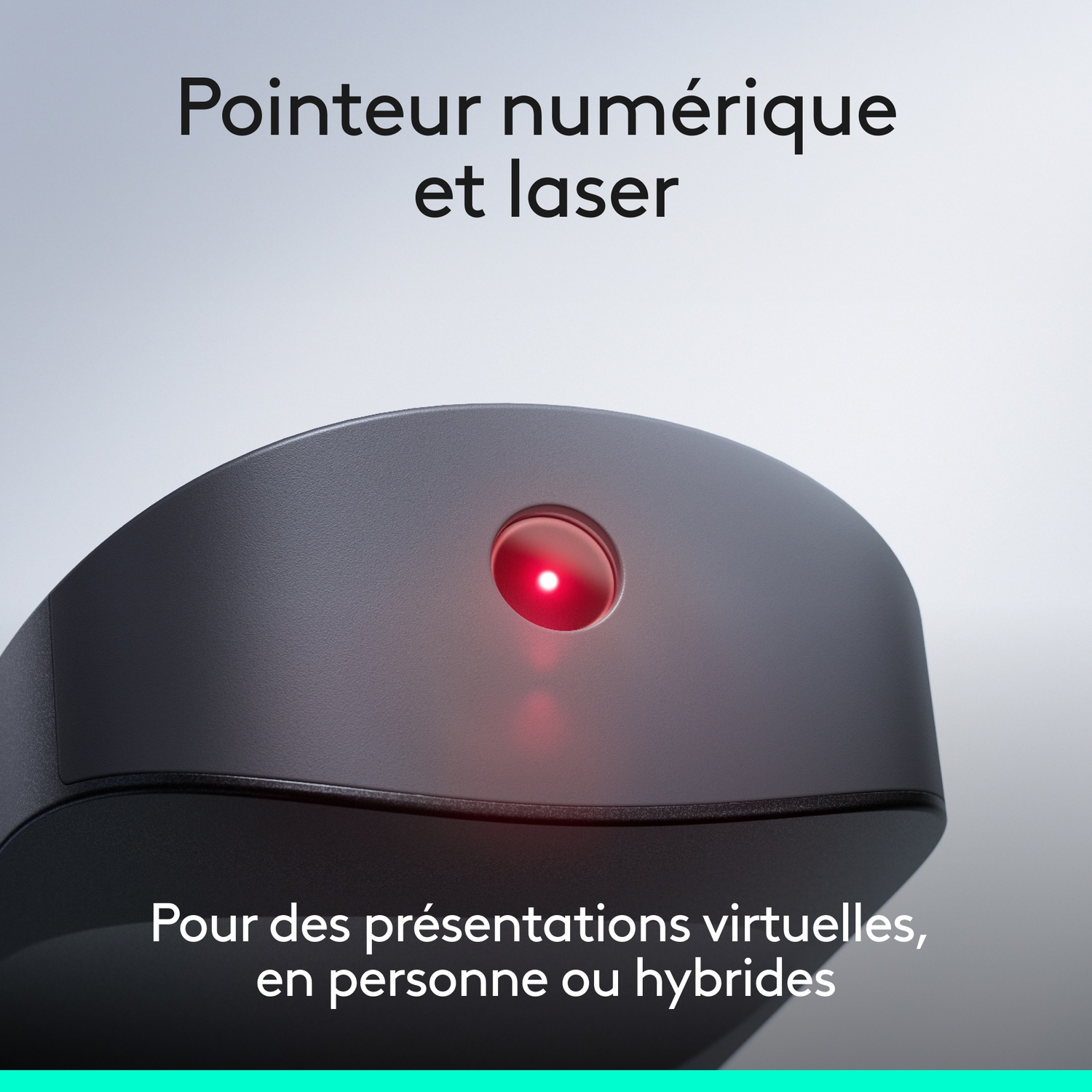 Un pointeur laser noir avec un point lumineux rouge, pour présentations virtuelles ou hybrides.