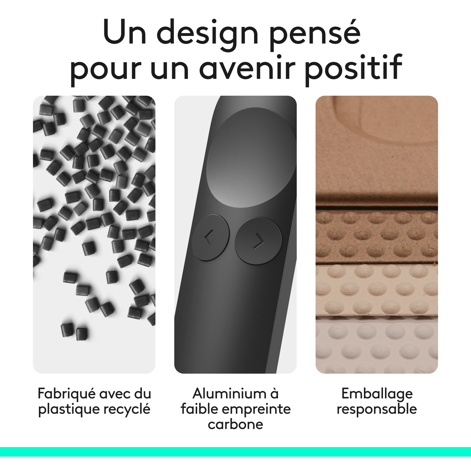 Trois panneaux : granulés de plastique recyclé, télécommande noire et emballage responsable superposé.