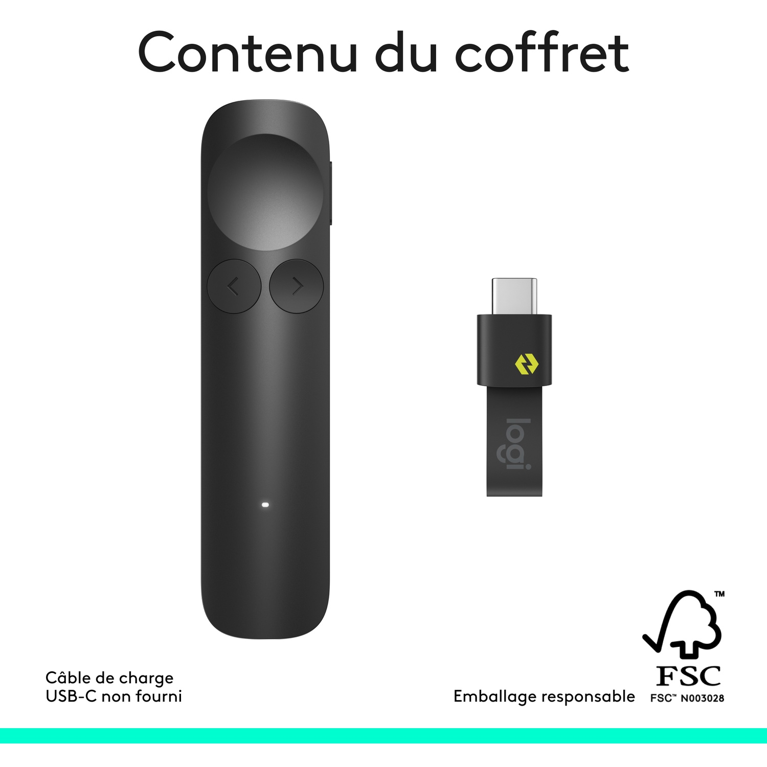 Télécommande noire et récepteur USB-C Logi.