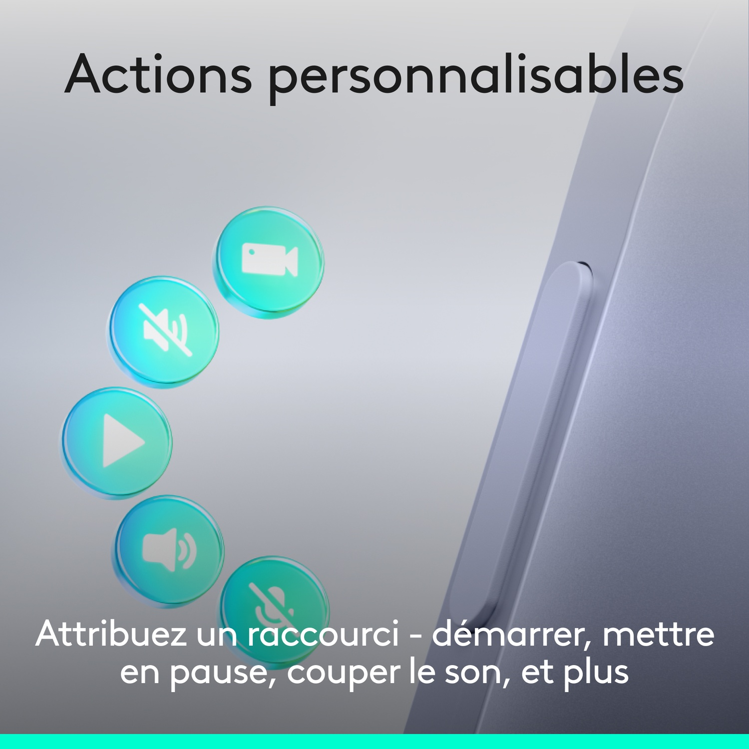 Icônes pour caméra, muet, lecture, volume, micro désactivé.