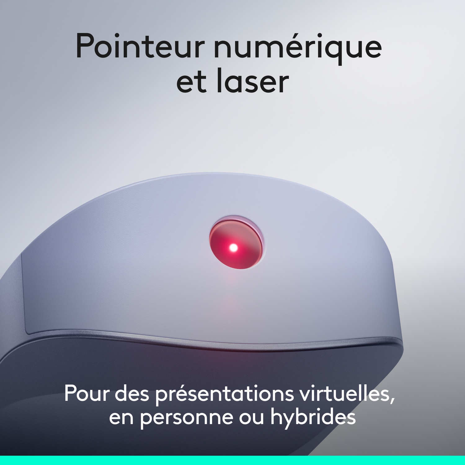 Pointeur numérique gris avec point laser rouge, pour présentations.