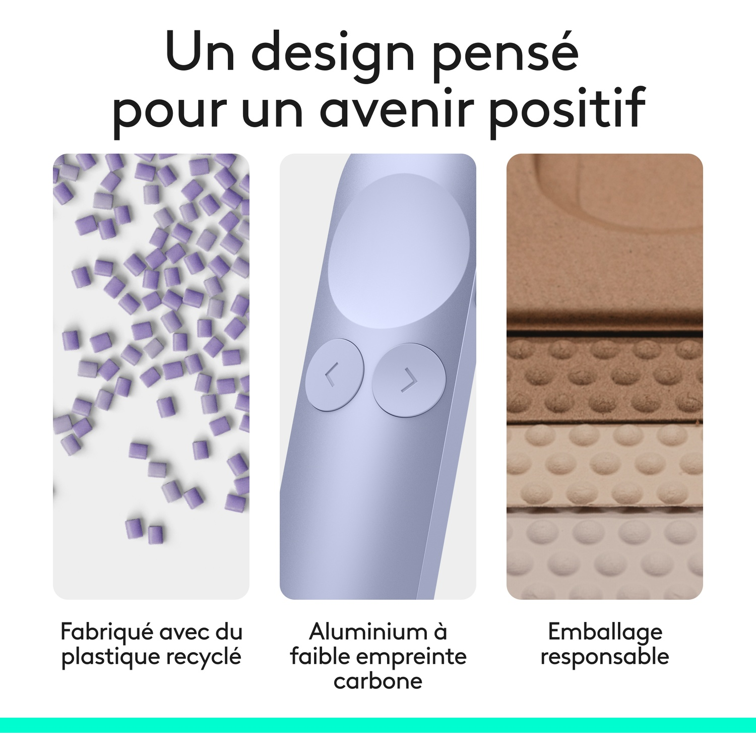 Plastique recyclé, aluminium faible en carbone, emballage responsable.