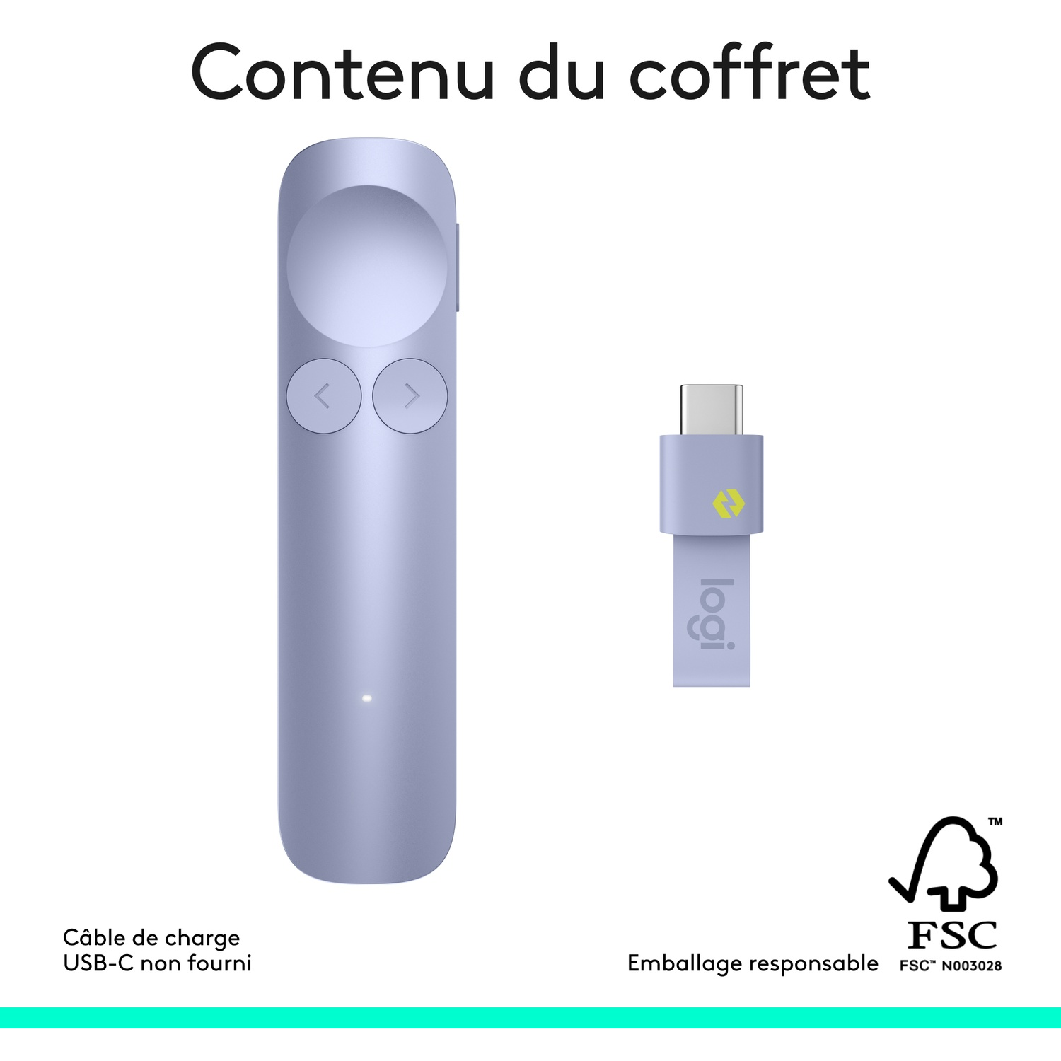 Un présentateur violet et un dongle USB-C sont côte à côte.
