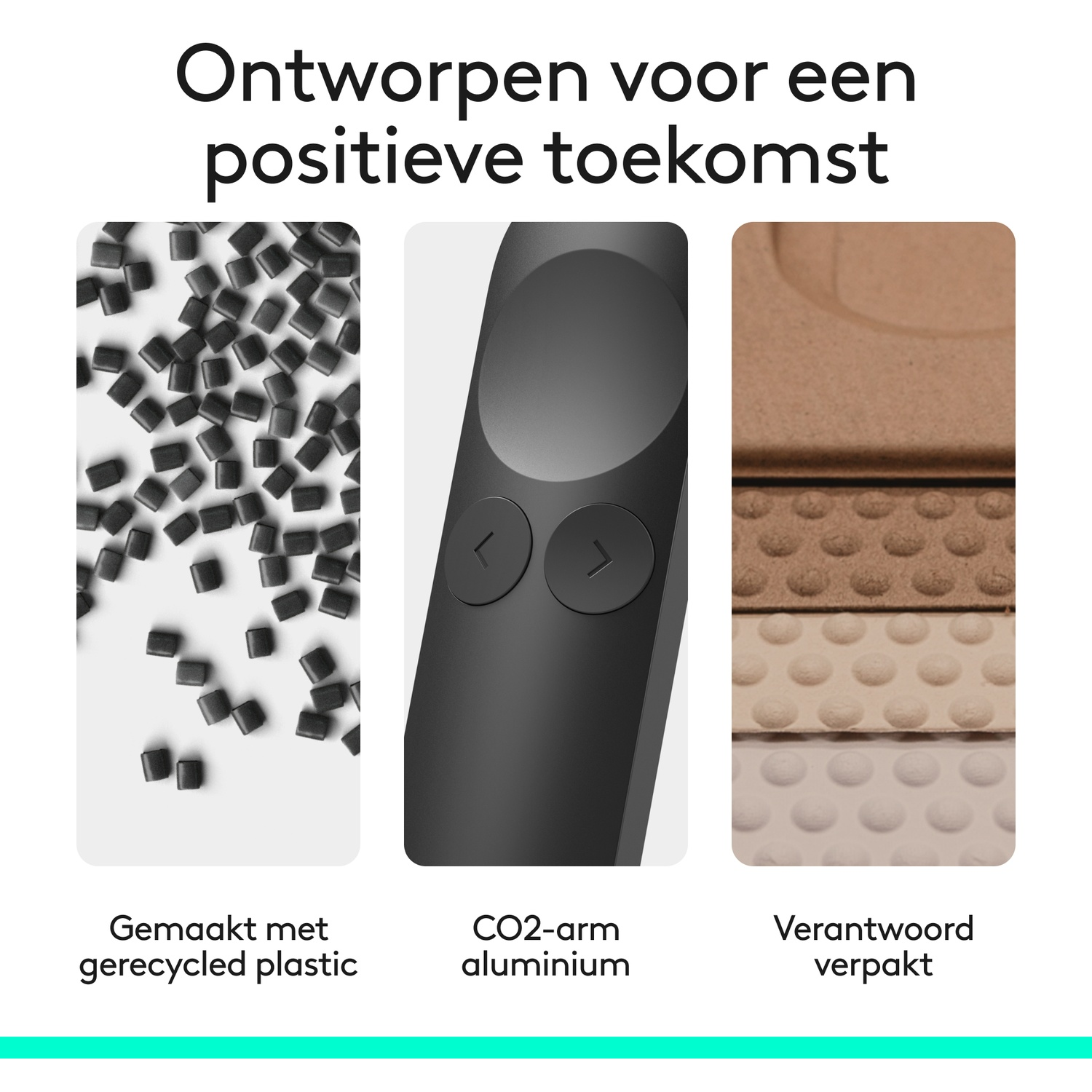 Drie afbeeldingen: korrels, afstandsbediening, verpakking. Tekst: Ontworpen voor positieve toekomst.
