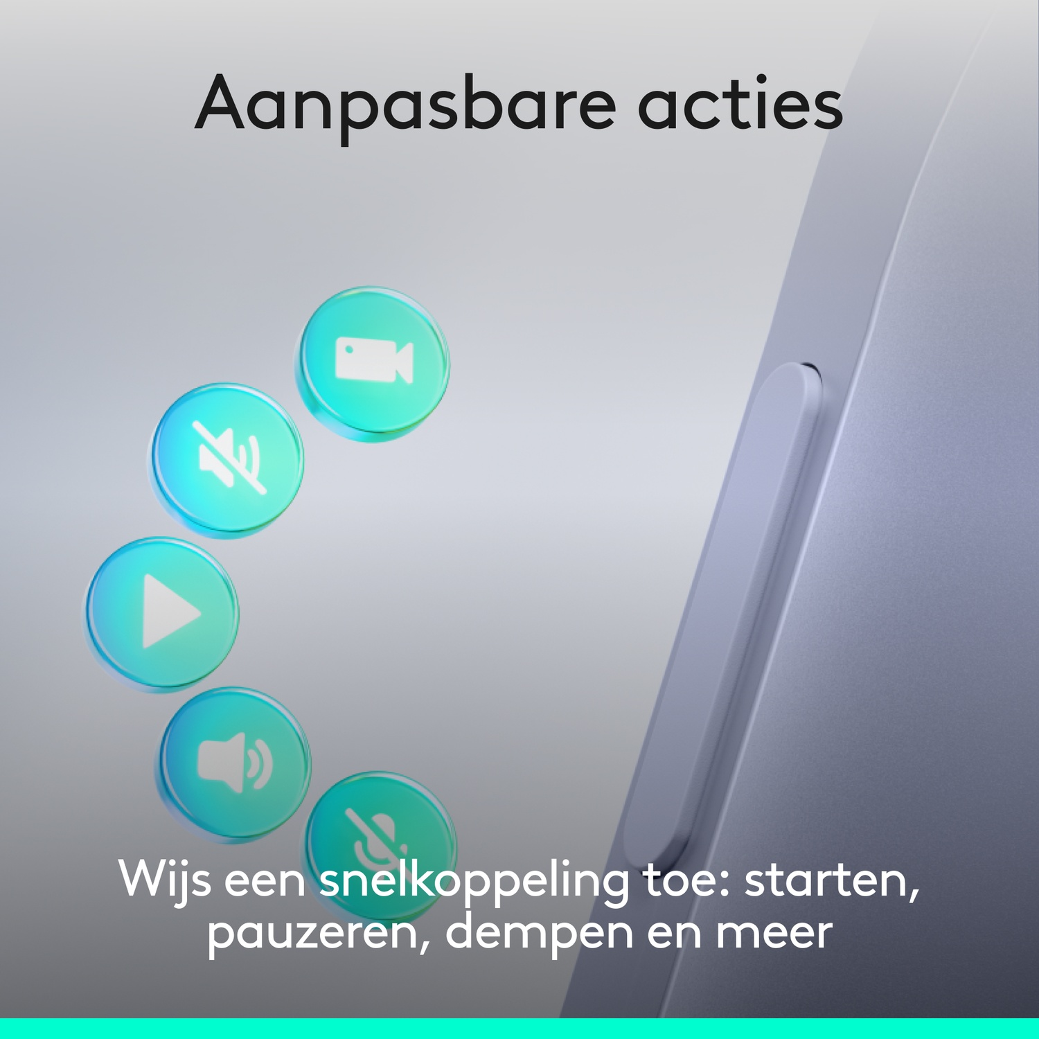 Pictogrammen voor camera, dempen, afspelen, volume en microfoon dempen. Snelkoppelingen.