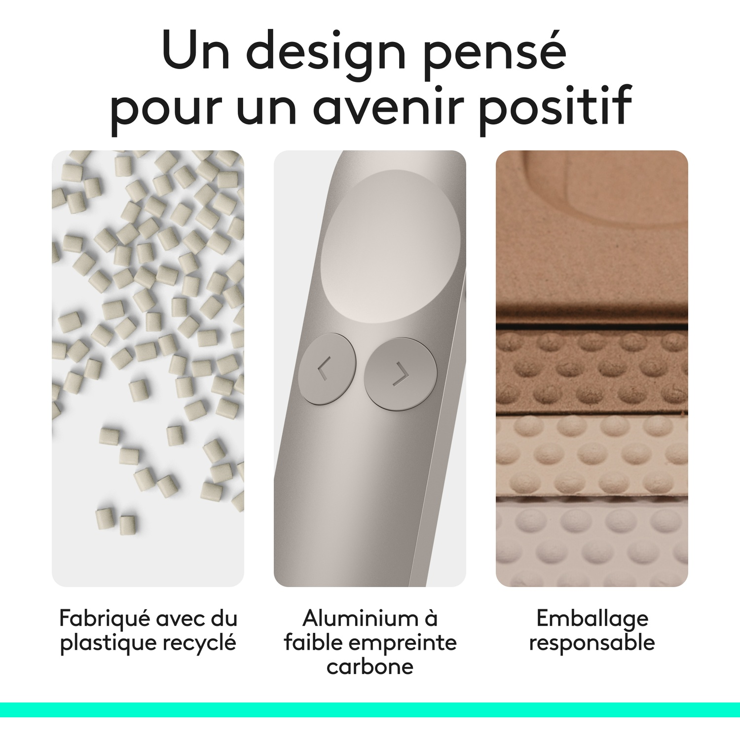 Plastique recyclé, aluminium faible empreinte carbone, emballage responsable.
