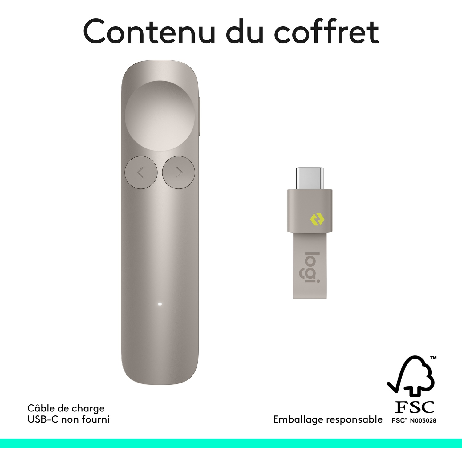 Un présentateur argenté et un récepteur USB sont côte à côte.