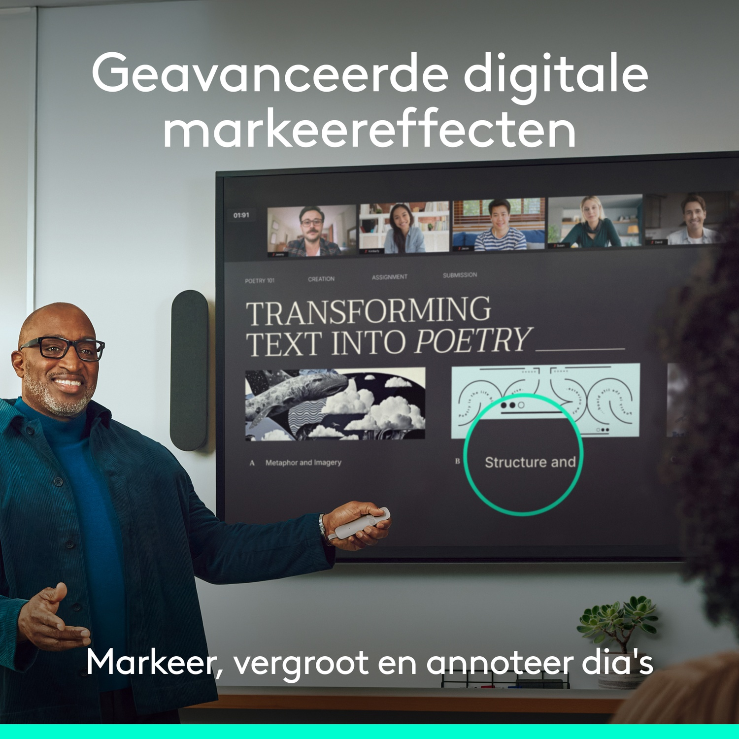 Man presenteert scherm met online vergadering en tekst-naar-poëzie presentatie.
