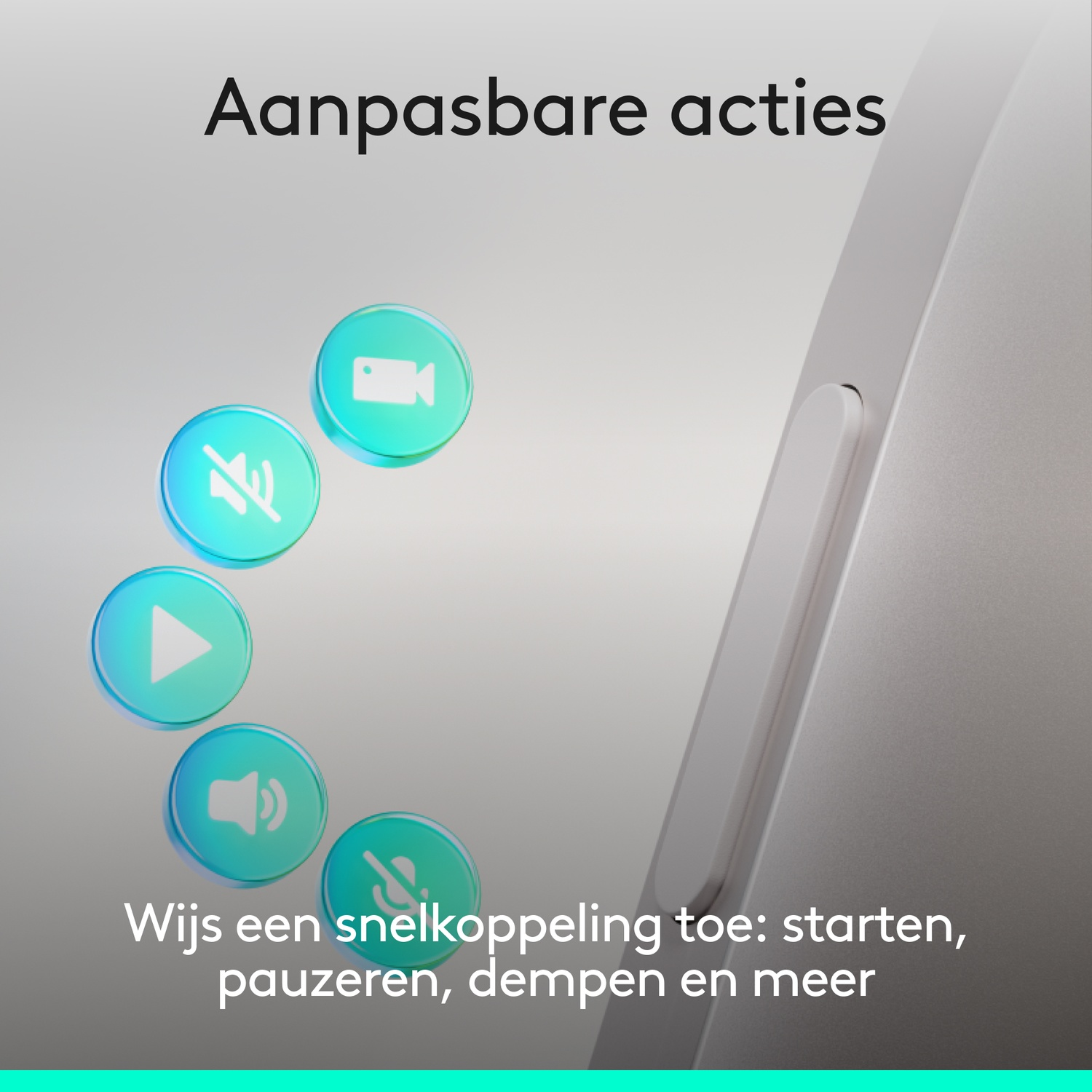 Aanpasbare acties: Camera, dempen, afspelen, volume, dempen opheffen iconen. Snelkoppeling.