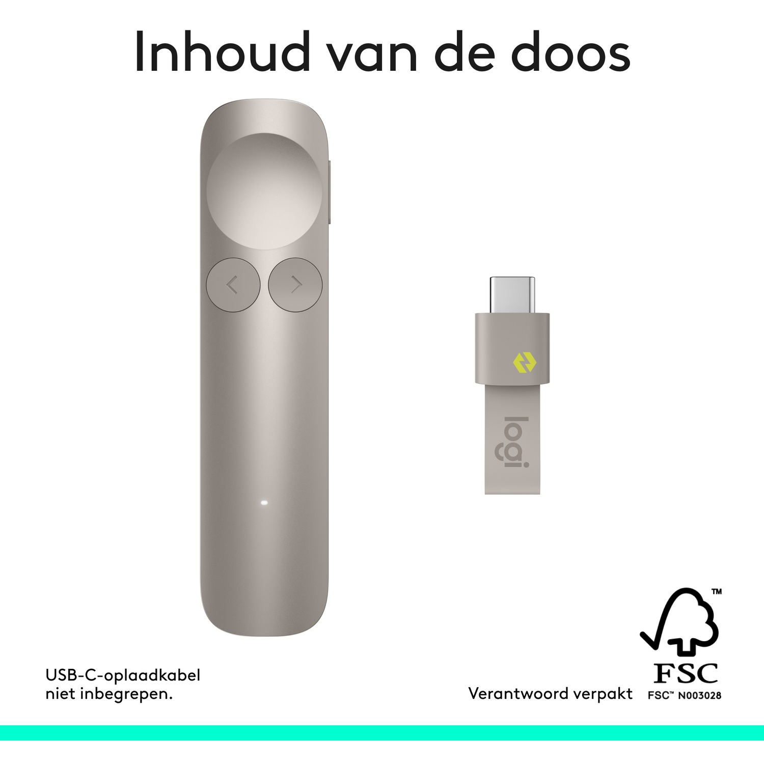 Grijze presenter en USB-C dongel. Tekst: Inhoud van de doos.