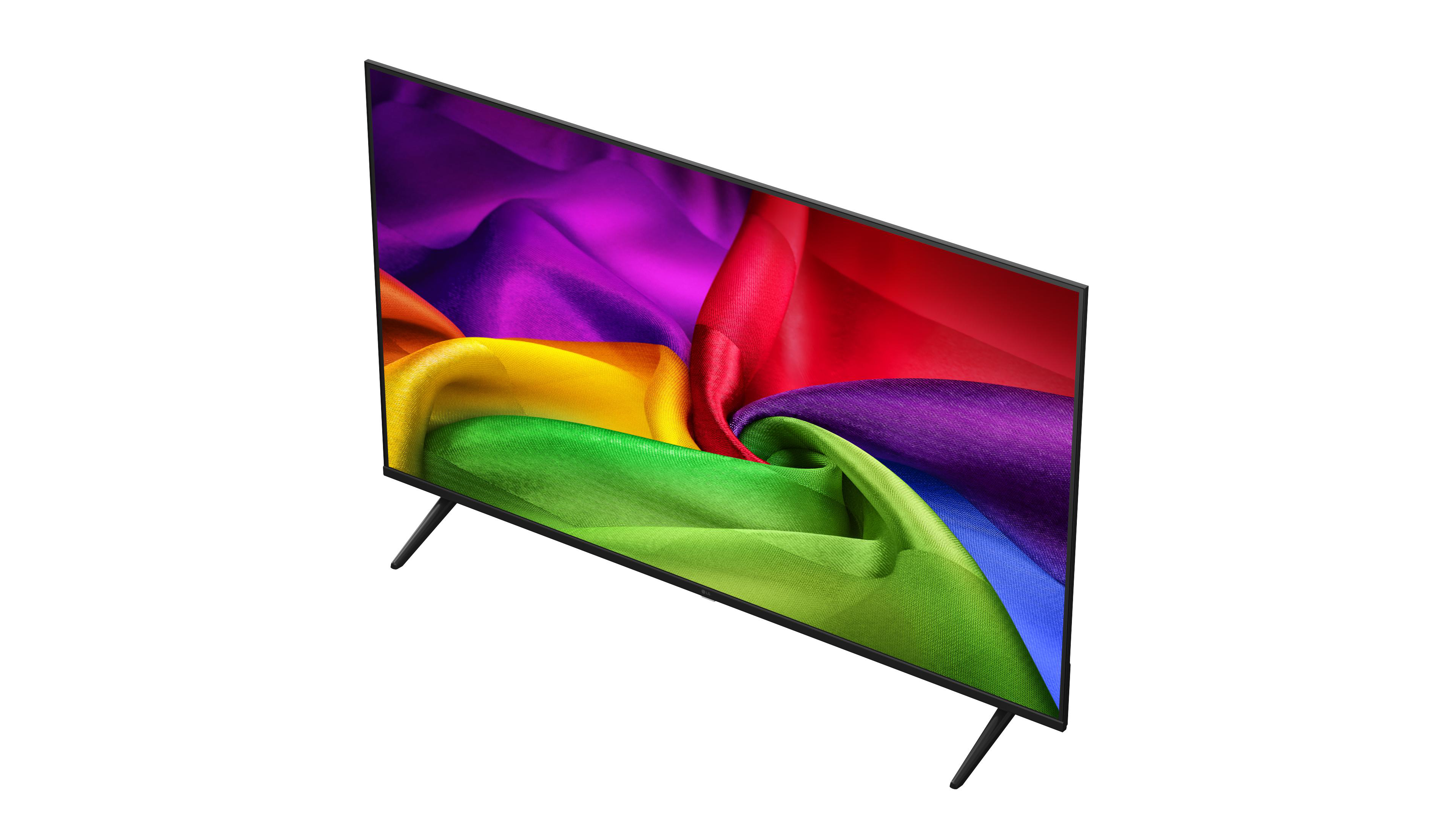 Ein moderner Fernseher mit einem bunten, fließenden Stoffmuster auf dem Bildschirm.