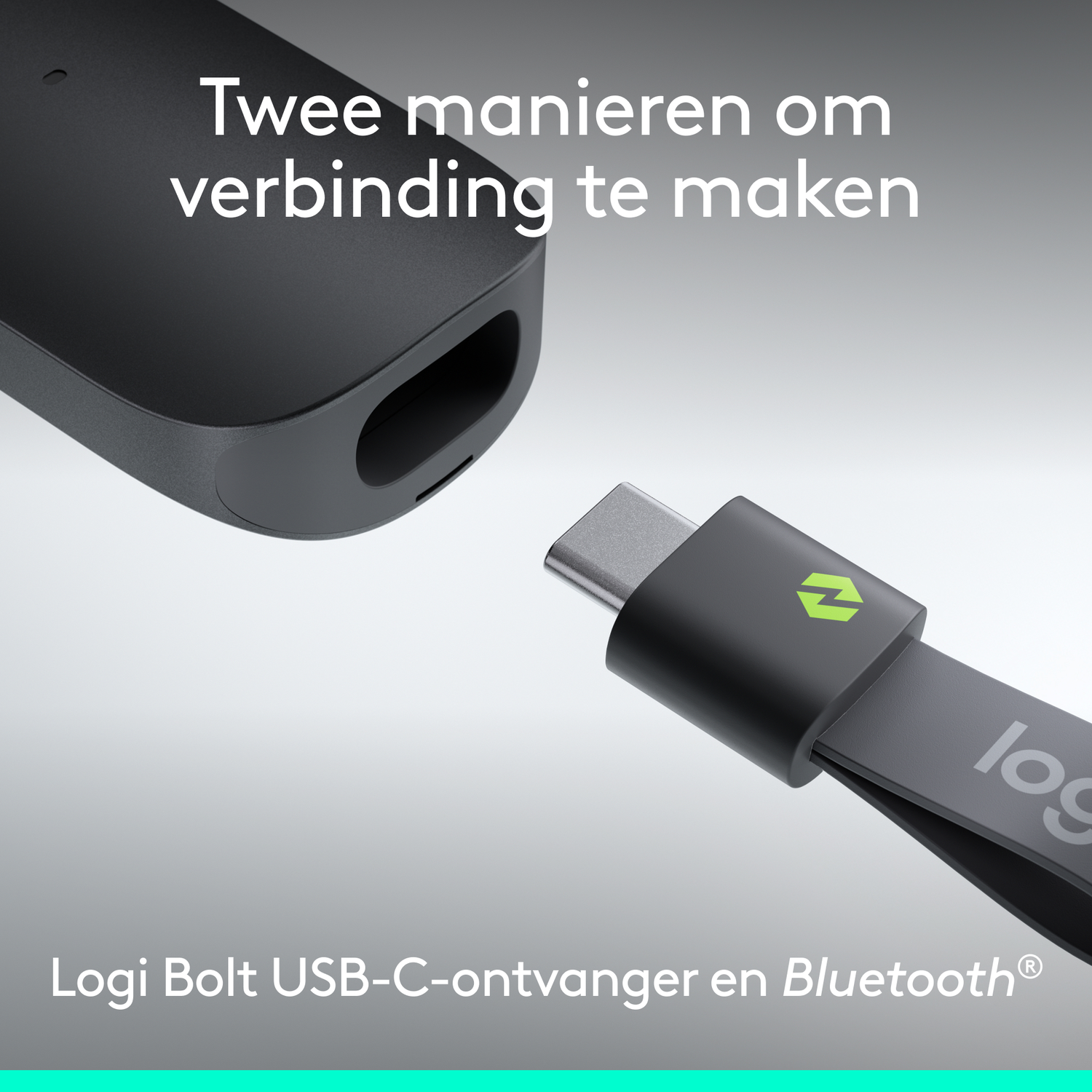 Een zwarte USB-C ontvanger met Logi Bolt logo maakt verbinding met apparaat.