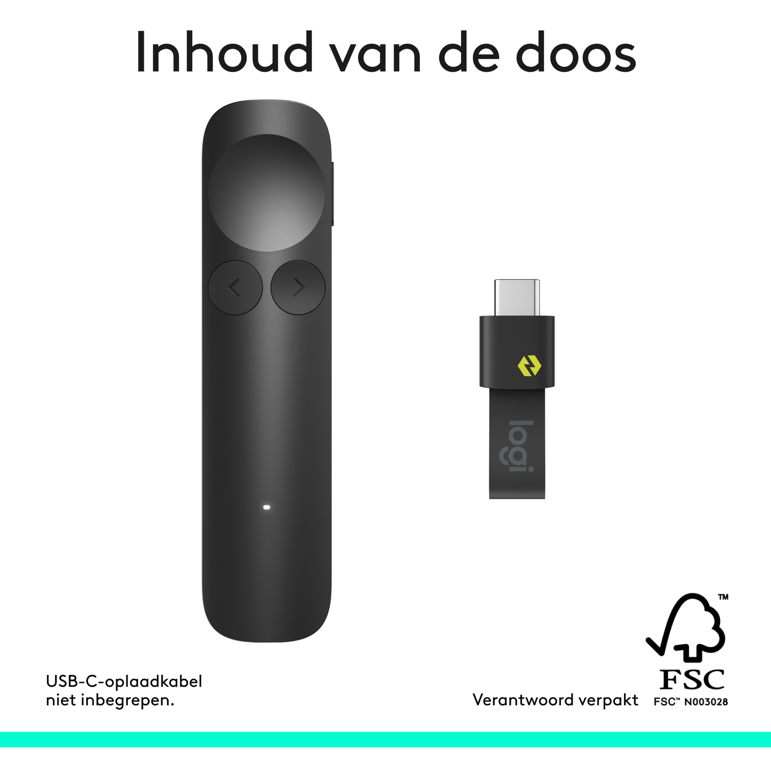 Zwarte presentatieklikker en USB-ontvanger met Logi-logo.