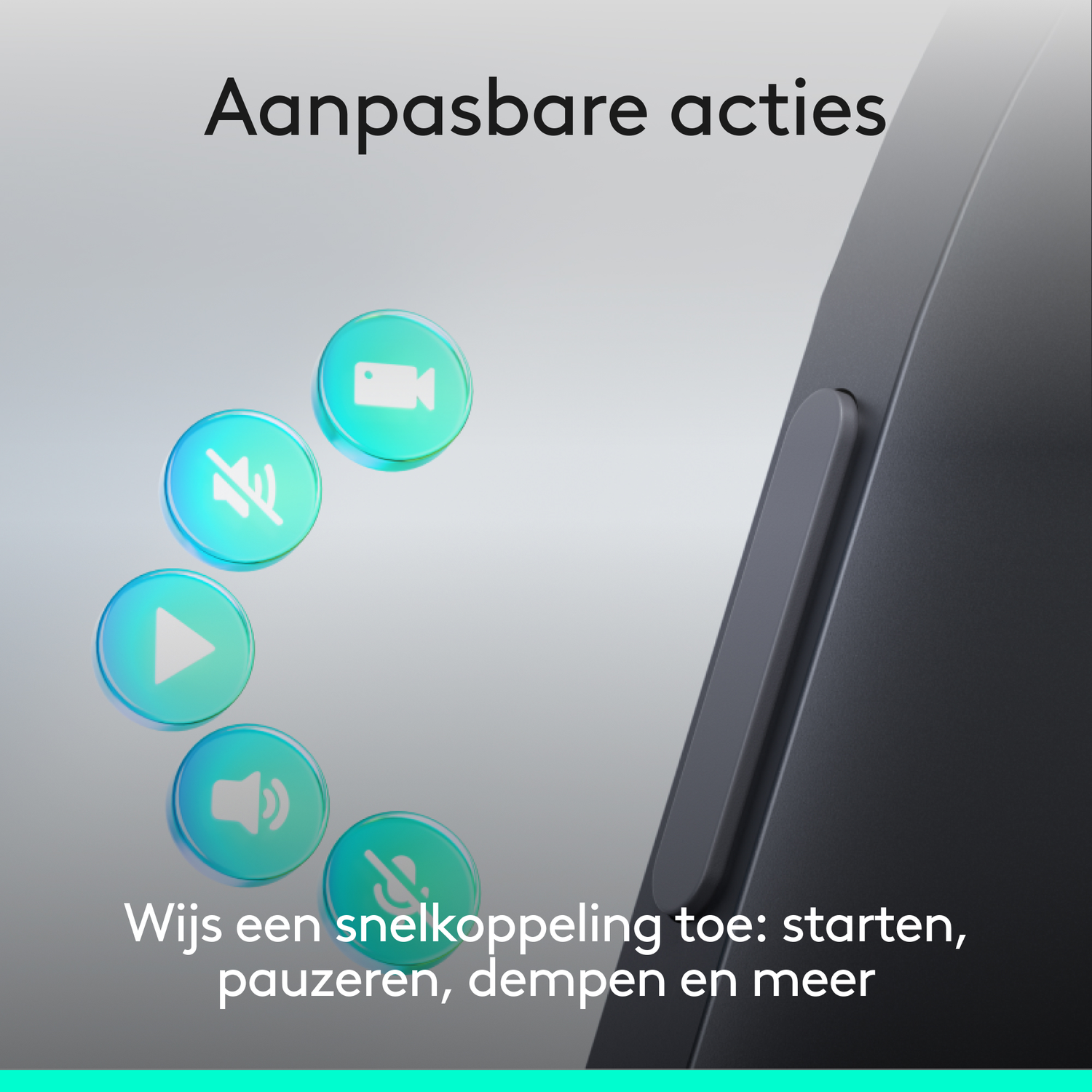Aanpasbare acties: iconen voor video, dempen, afspelen, volume en microfoon.