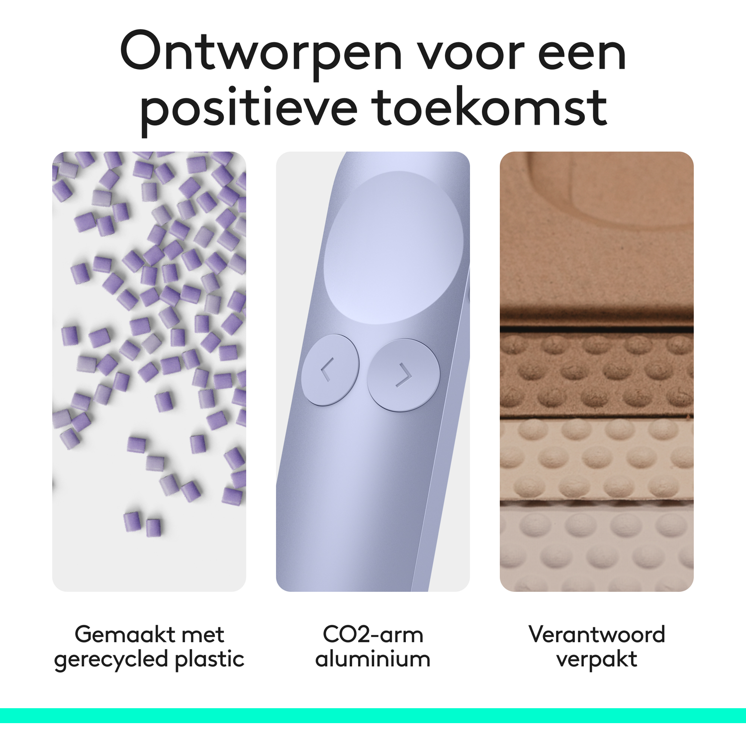 Afbeelding toont paarse plastic korrels, een blauw aluminium omhulsel en bruine verpakkingsmaterialen.
