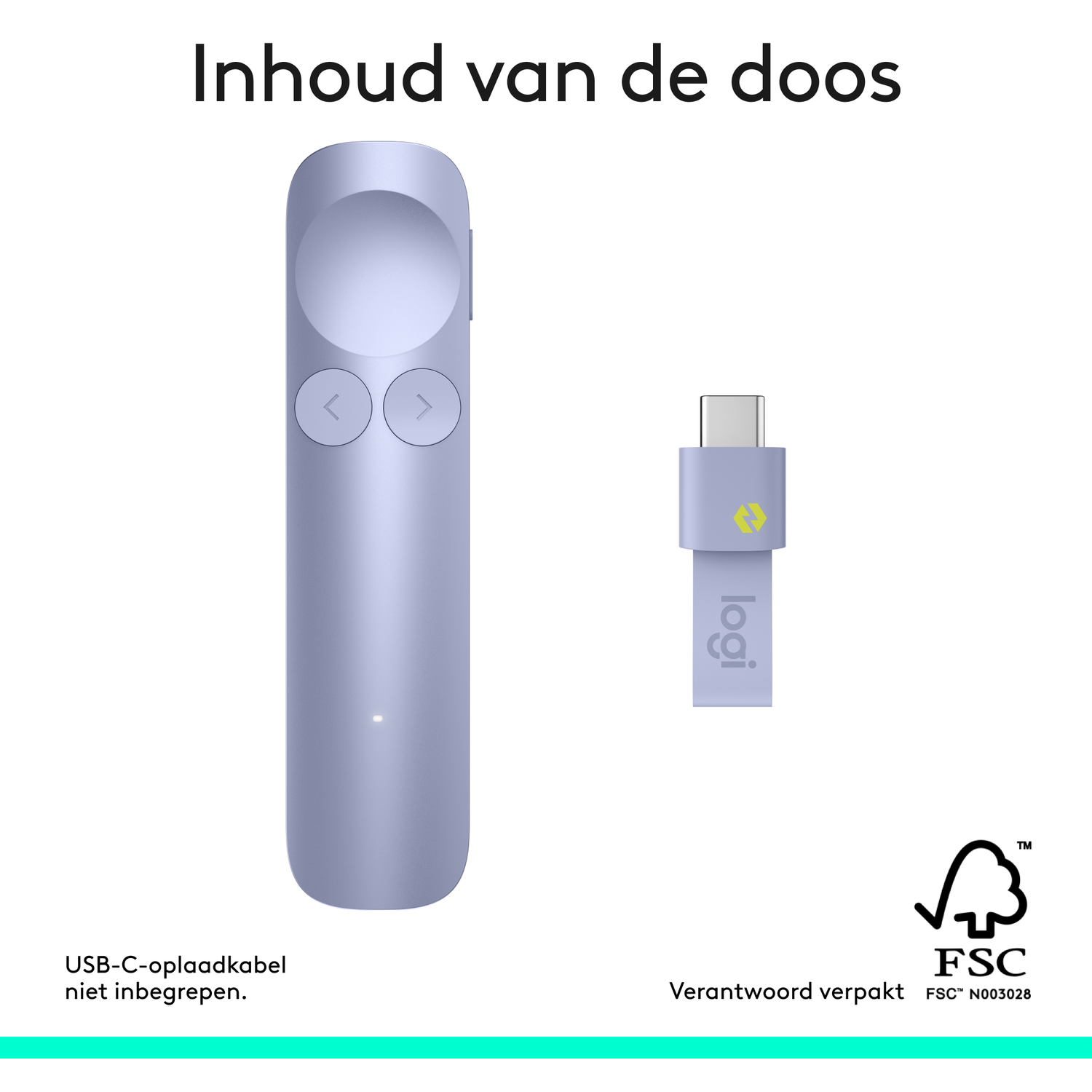 Een lavendelkleurige presenter en USB-C dongle. Tekst: "Inhoud van de doos".