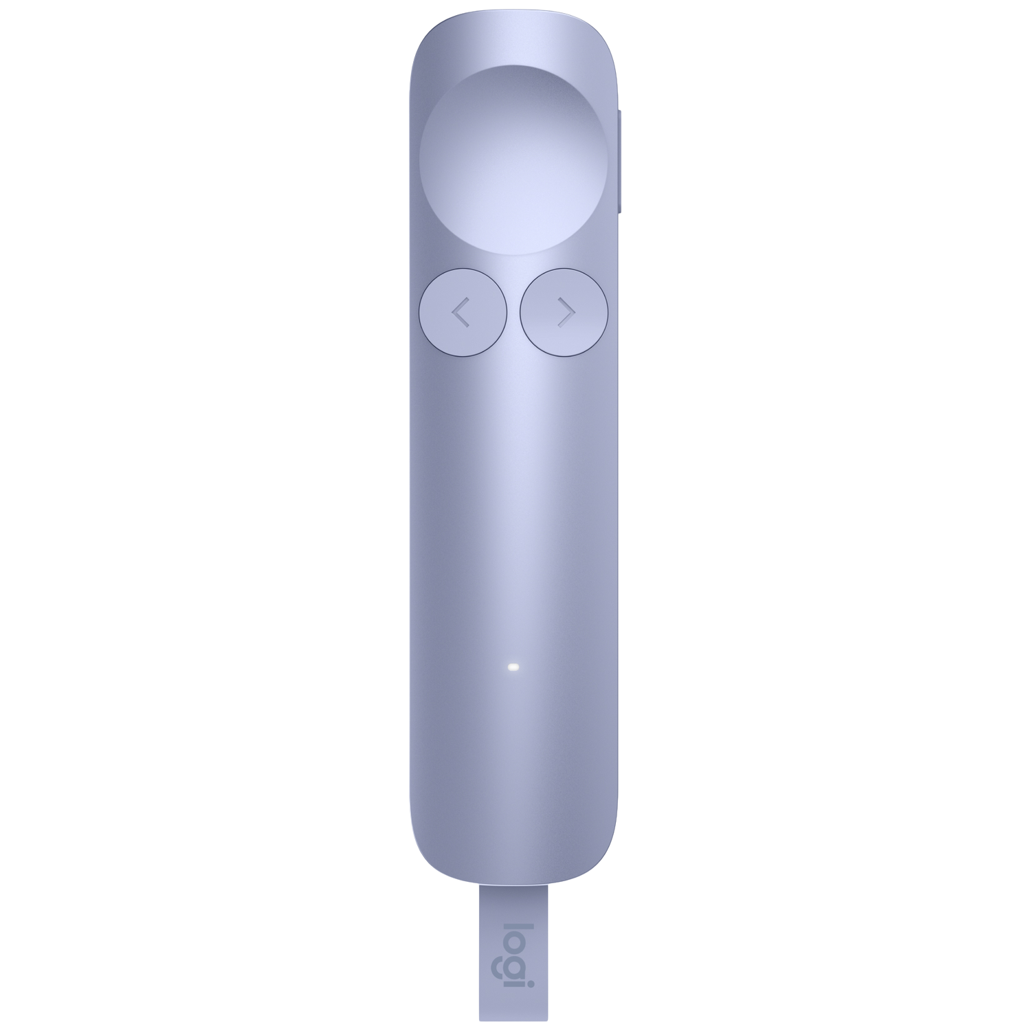 Een lavendelkleurige Logitech-presenter met twee knoppen en een scrollwiel.