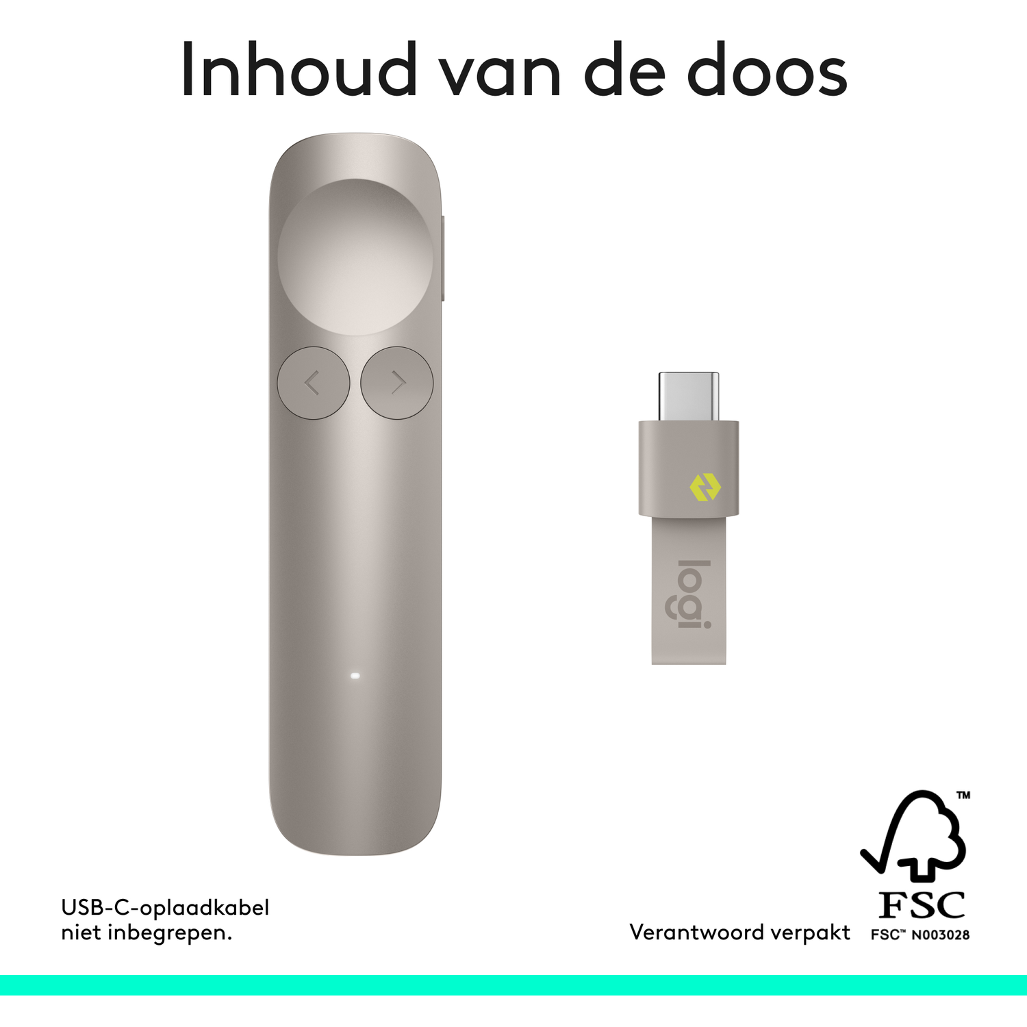 Een zilveren presentator en USB-dongle liggen naast elkaar.