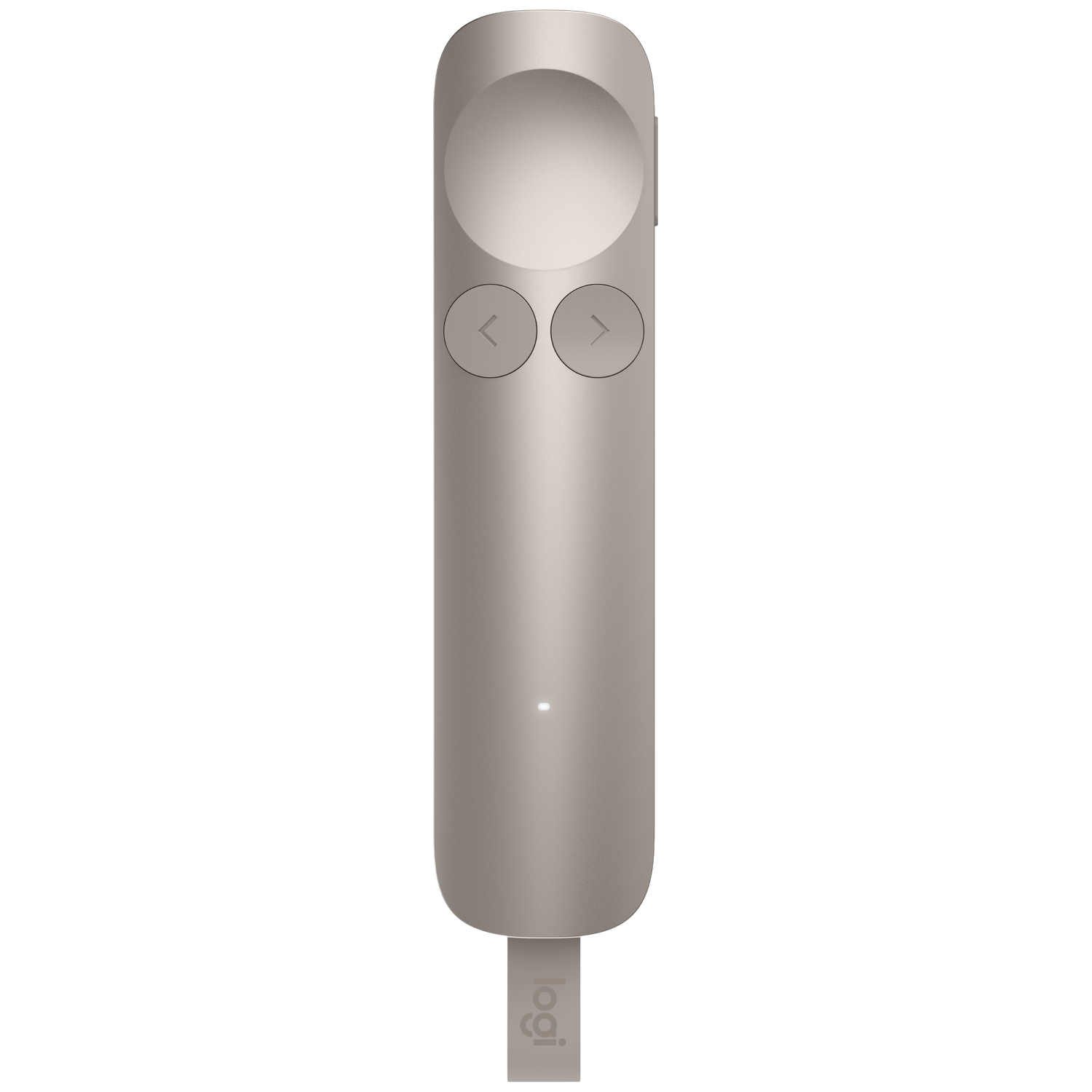Een zilveren Logitech afstandsbediening met twee knoppen en een lampje. Het logo is zichtbaar.