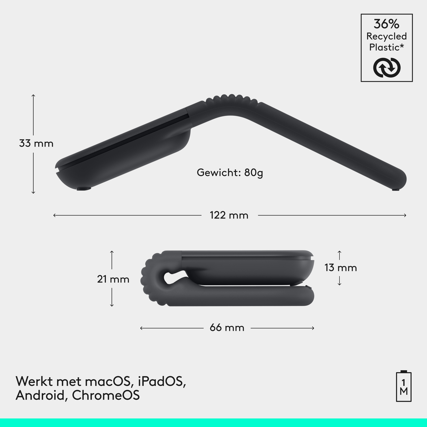 Black device with dimensions: 33mm high, 122mm long, 21mm high, 66mm wide, 13mm thick.