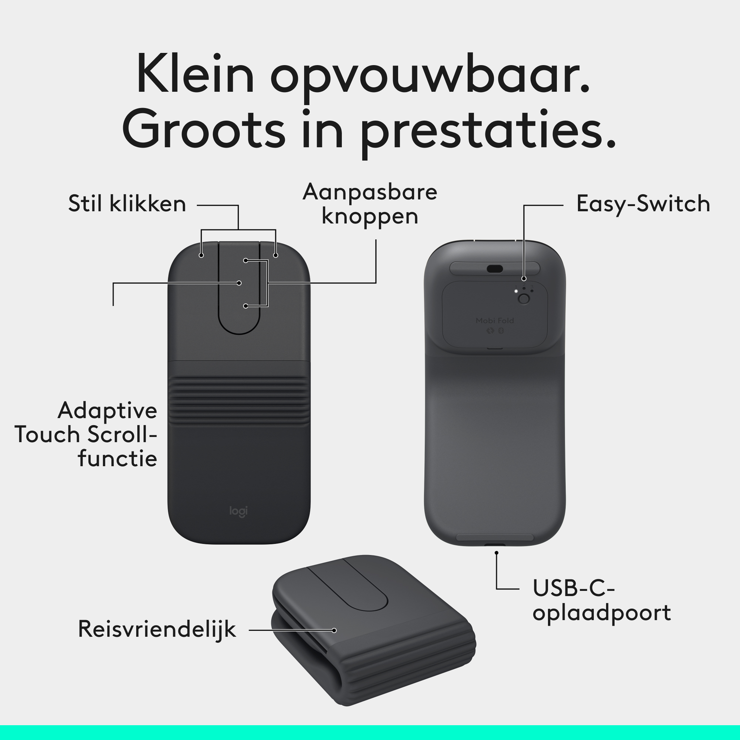 A foldable, dark mouse prototype with labels for features.