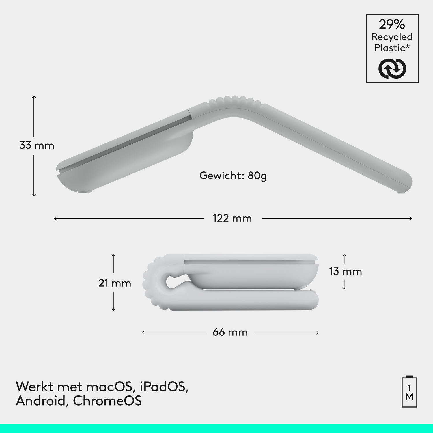 Gray device with dimensions and weight. Compatible with macOS, iPadOS, Android, ChromeOS.