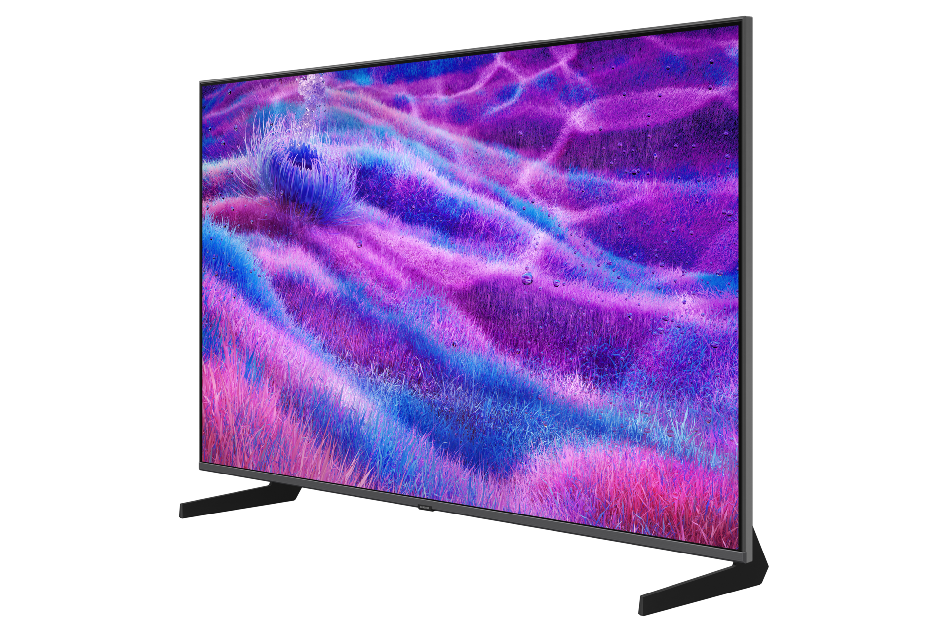 Nowoczesny telewizor wyświetla żywy, abstrakcyjny obraz fioletowej i niebieskiej trawy z kroplami wody.