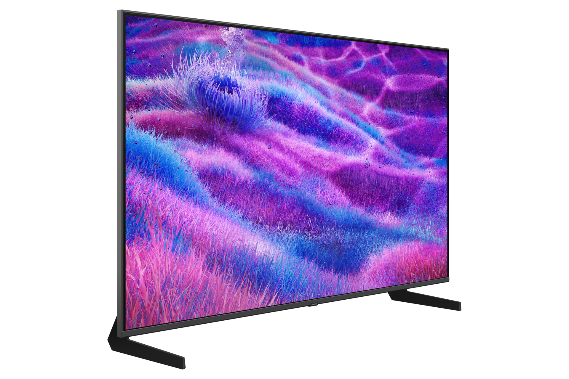 Nowoczesny telewizor wyświetla abstrakcyjny, kolorowy ekran w odcieniach fioletu i błękitu.