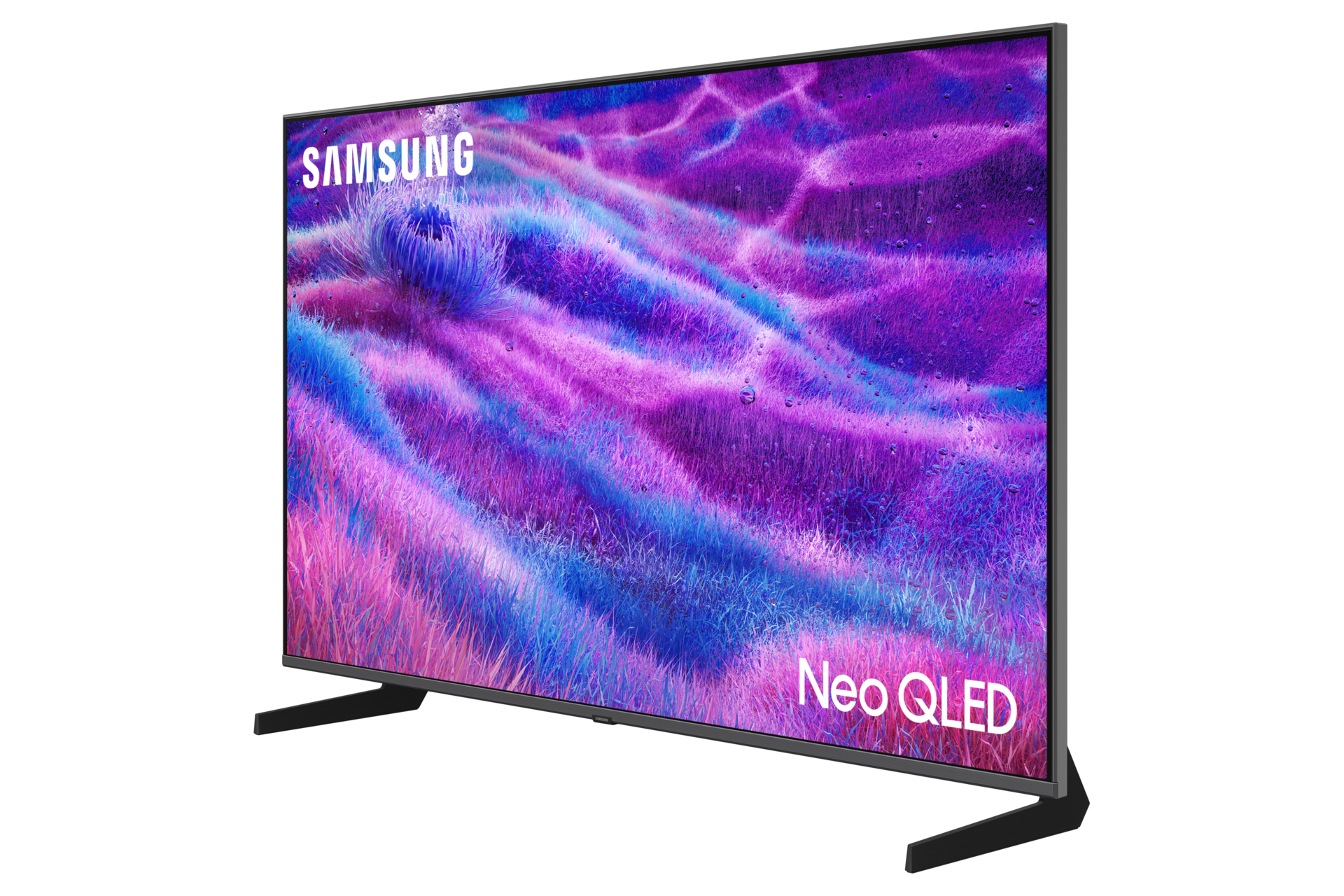Telewizor Samsung Neo QLED wyświetla obraz fioletowej i niebieskiej trawy z kroplami wody.