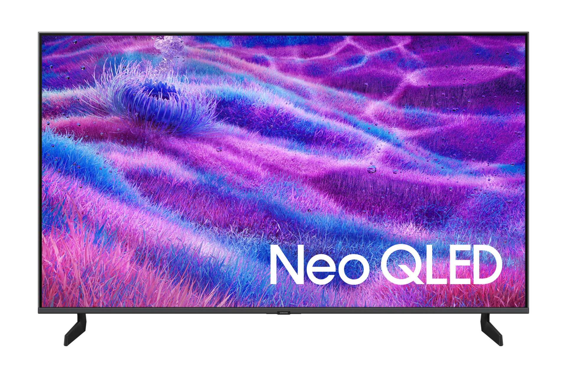 Nowoczesny telewizor z żywym, abstrakcyjnym tłem i napisem Neo QLED.