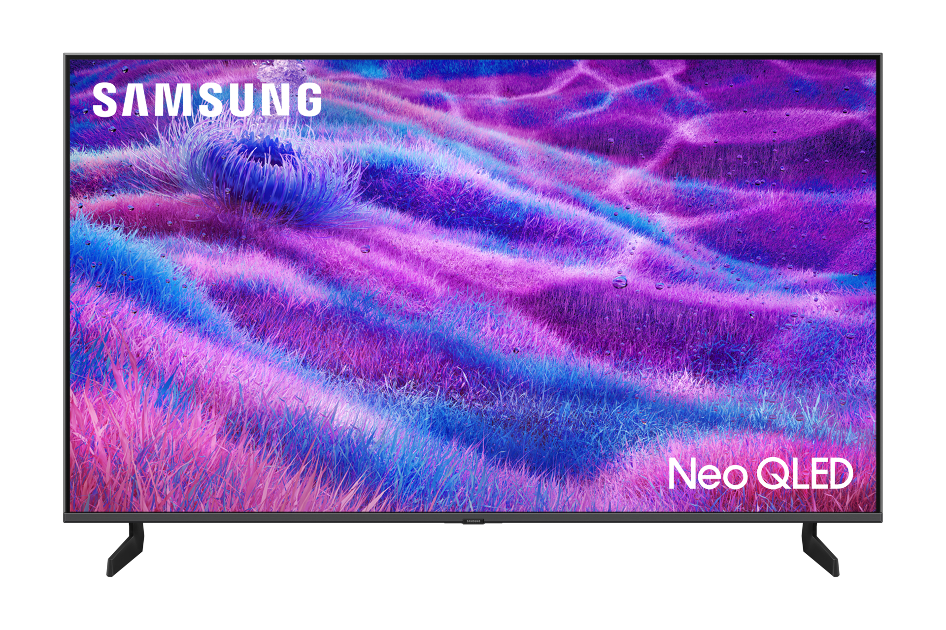 Telewizor Samsung Neo QLED wyświetlający żywy fioletowo-niebieski obraz.