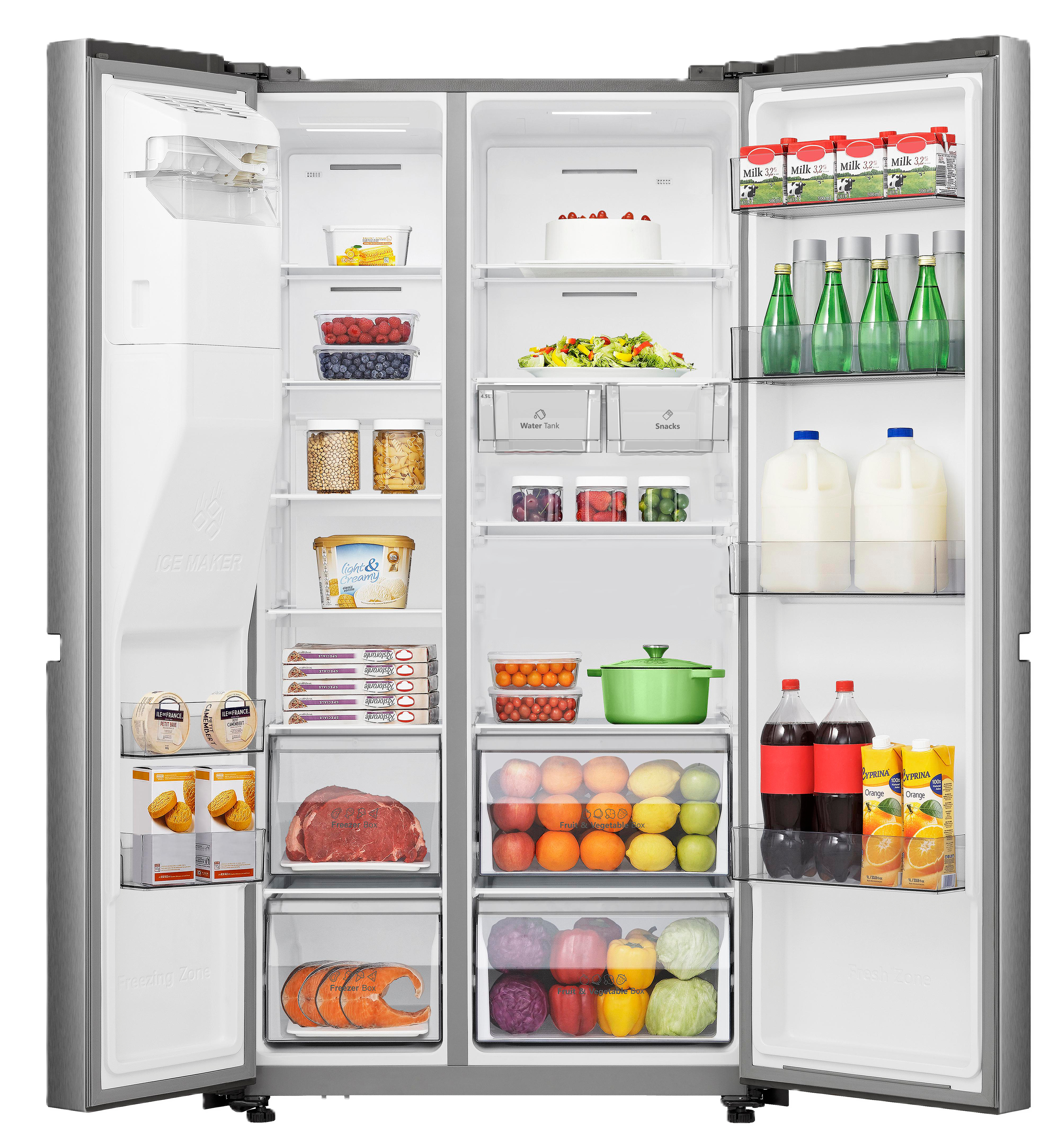 Ein offener Kühlschrank mit Lebensmitteln wie Obst, Gemüse, Fleisch, Milch und Getränken.