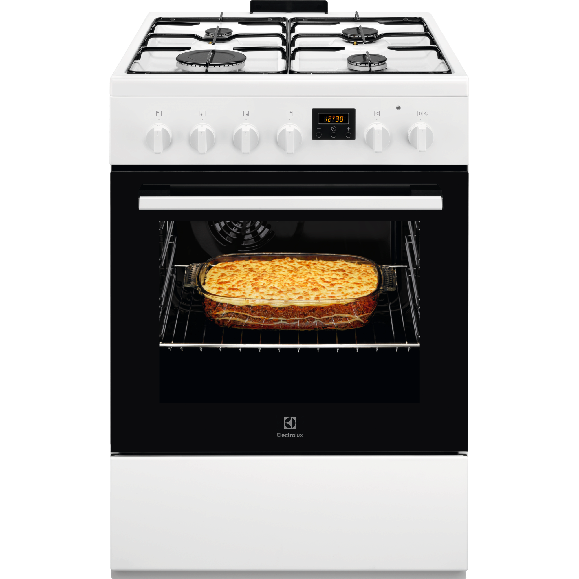Biały piekarnik z otwartymi drzwiczkami, w których widać lasagne.